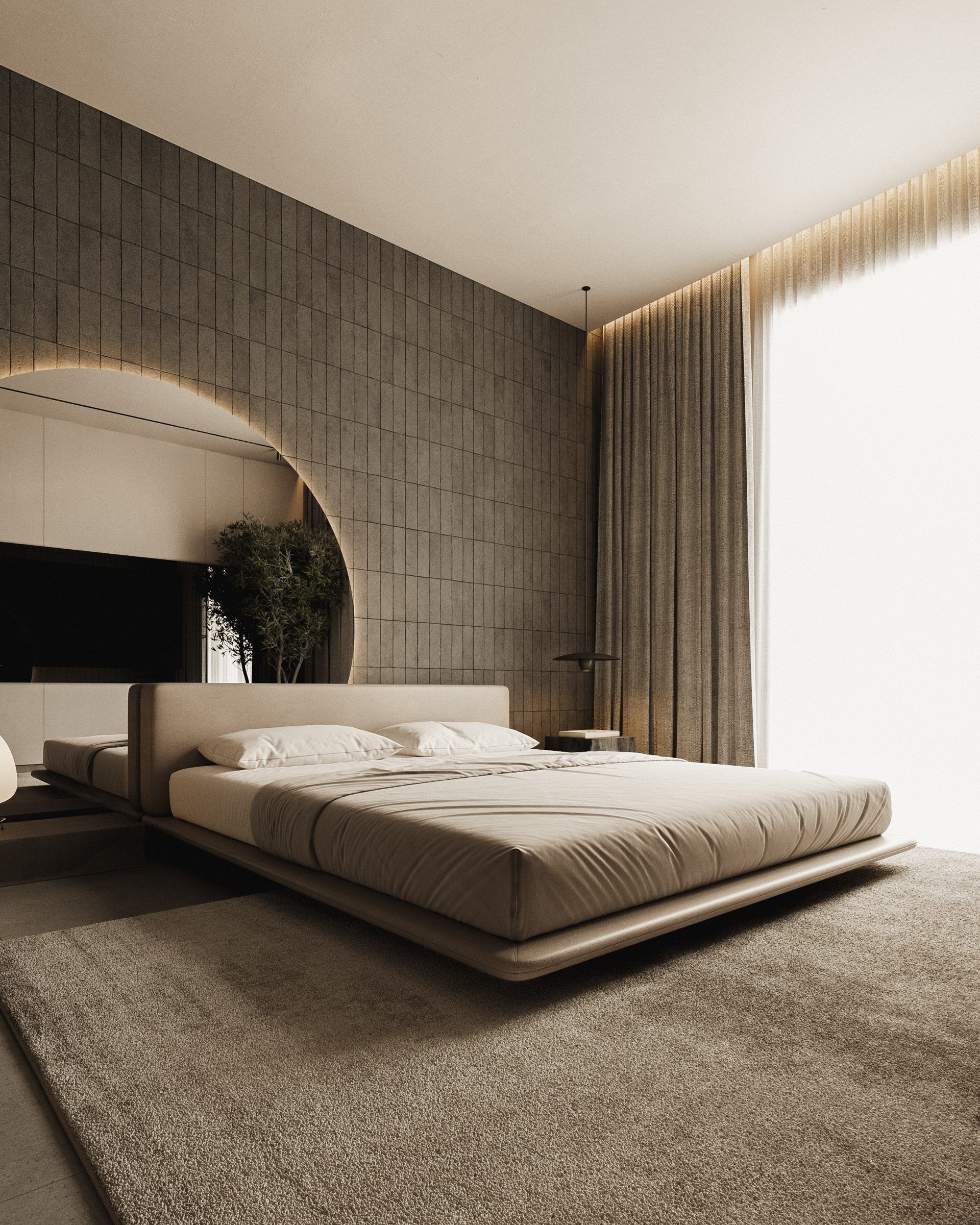 Bedroom with arched mirror and soft ambient light