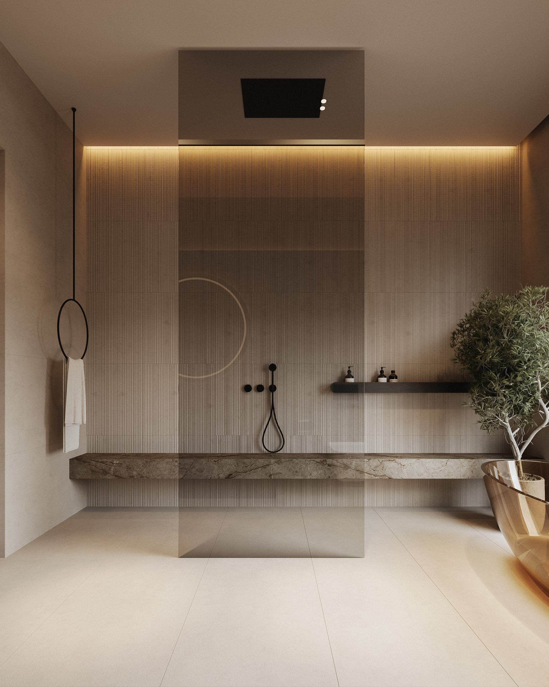 Bathroom with stone countertop and integrated lighting