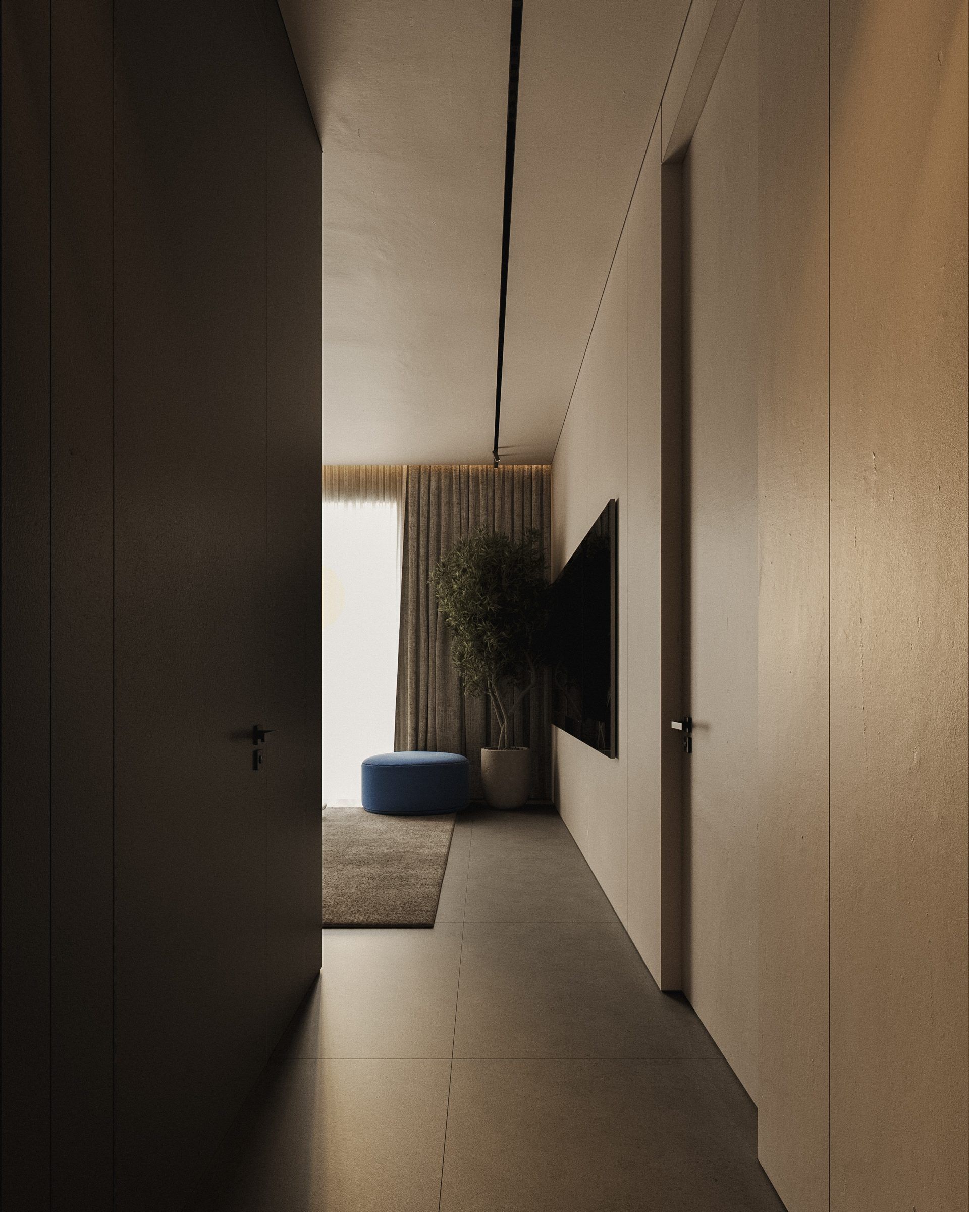 Corridor with pilasters and concealed lighting strip