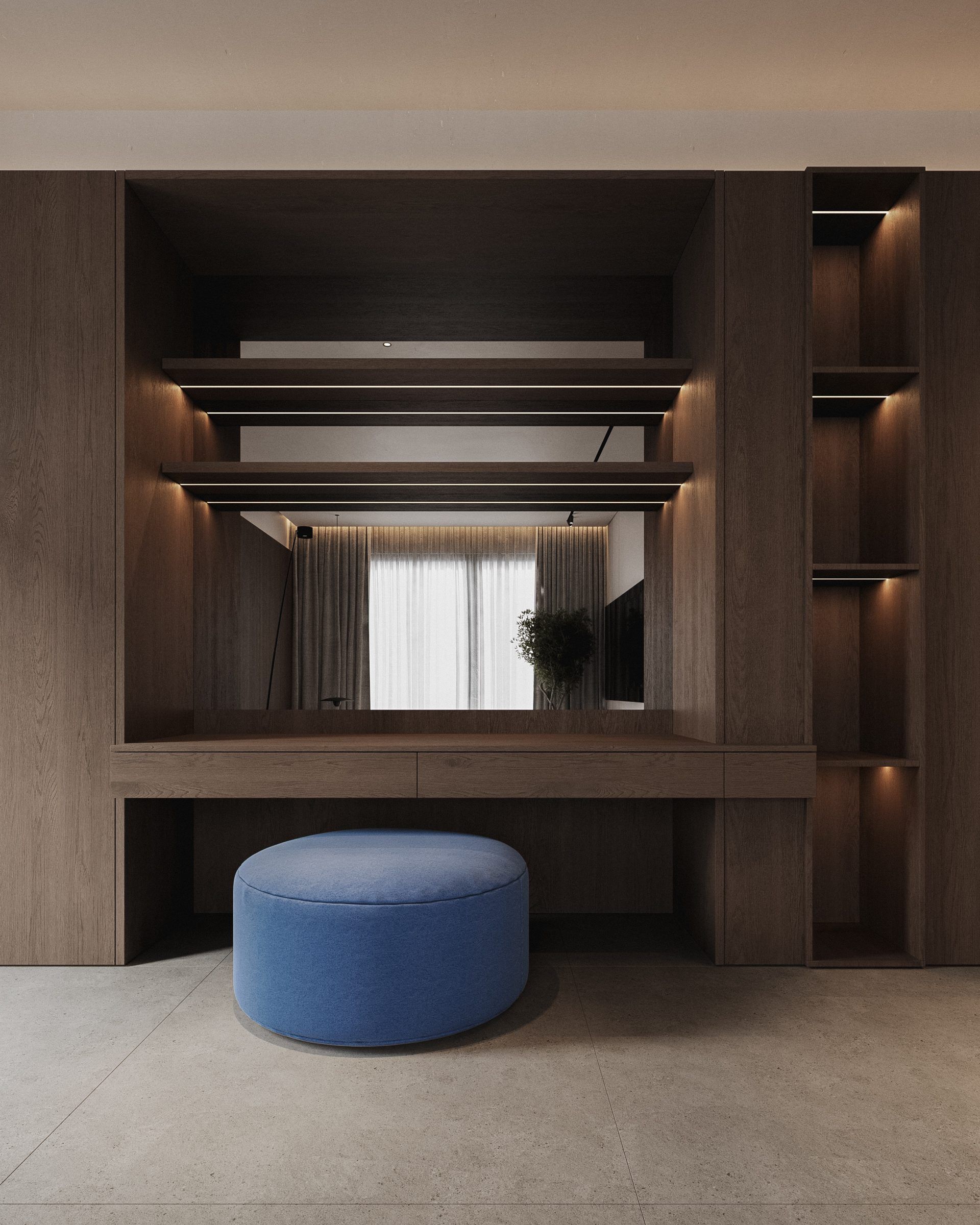 Wooden built-in shelving system with blue pouf