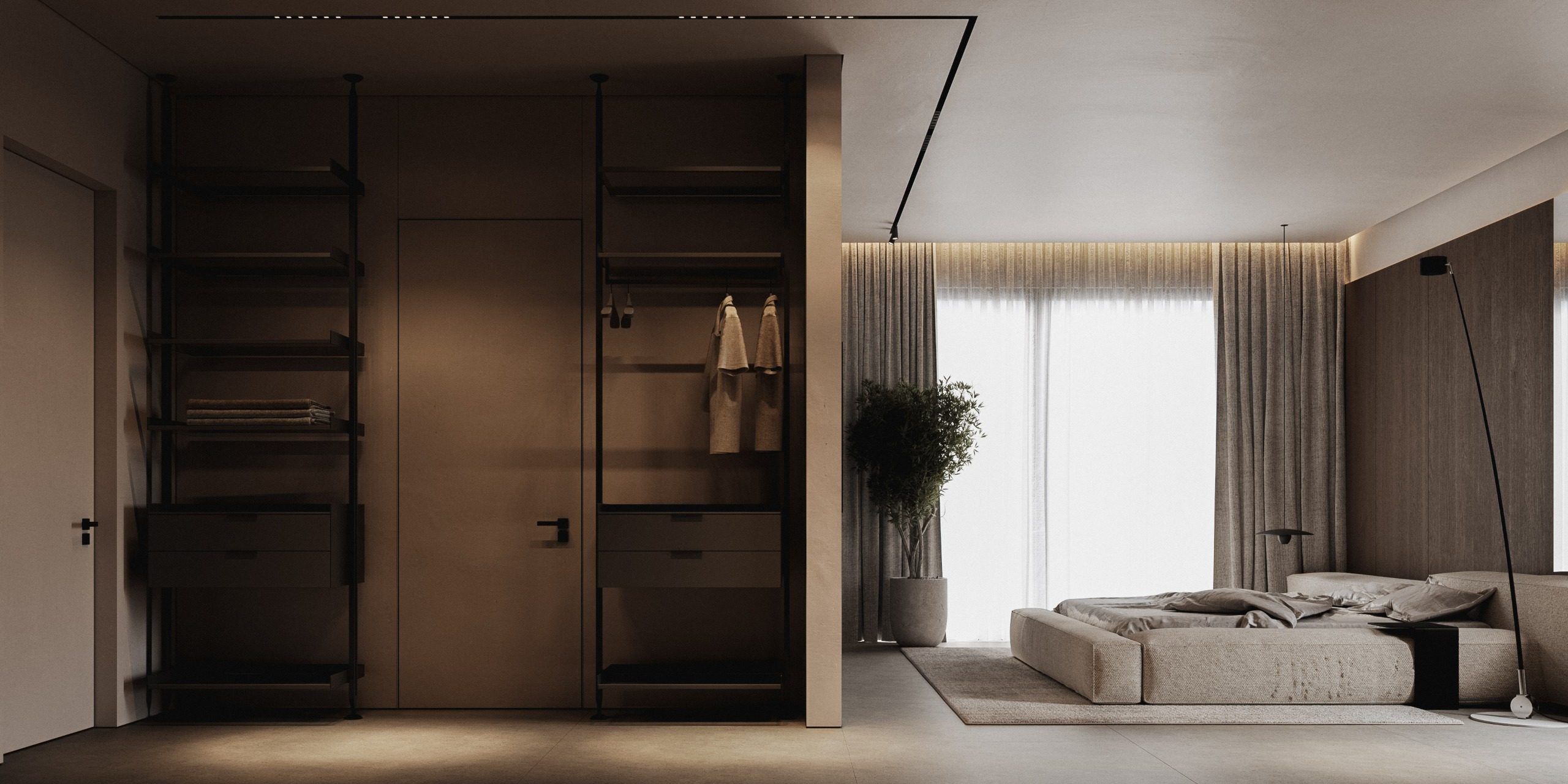 Bedroom with wooden sliding wardrobes and garden view