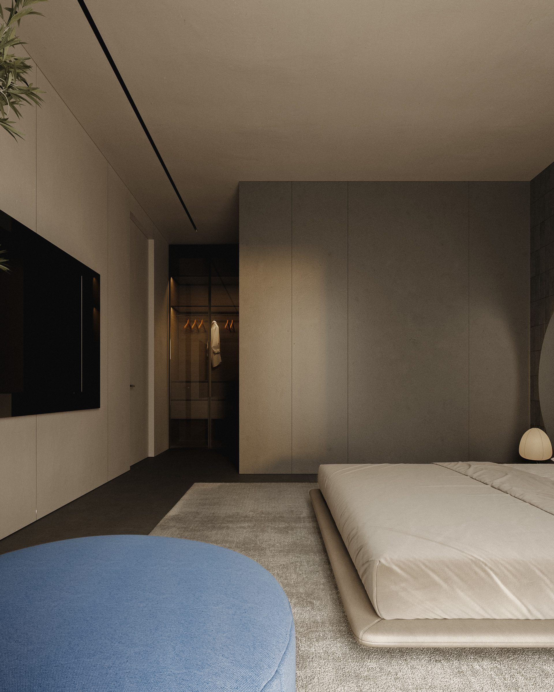 Bedroom with blue pouf and paneled walls