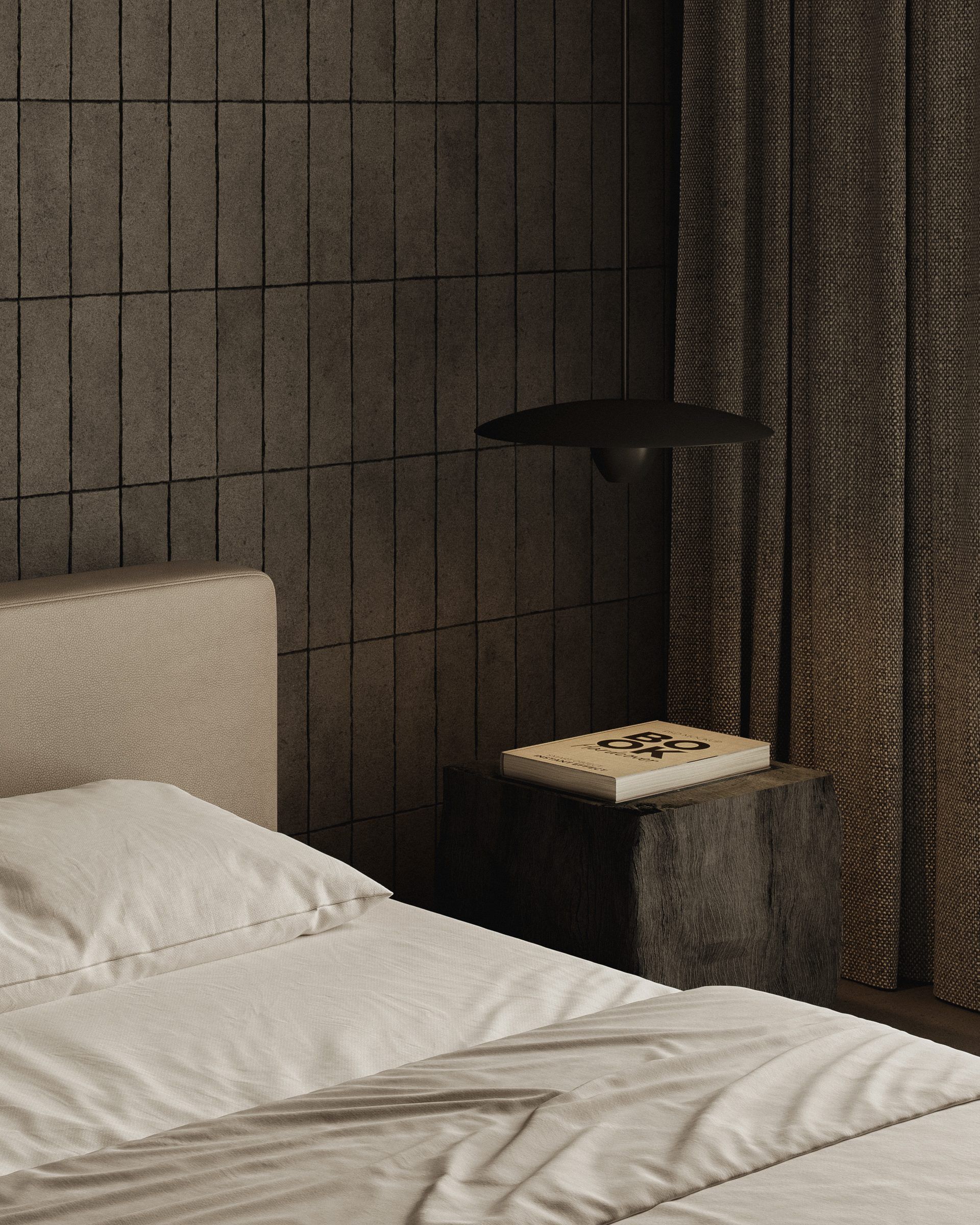 Bed against textured wall with curtains