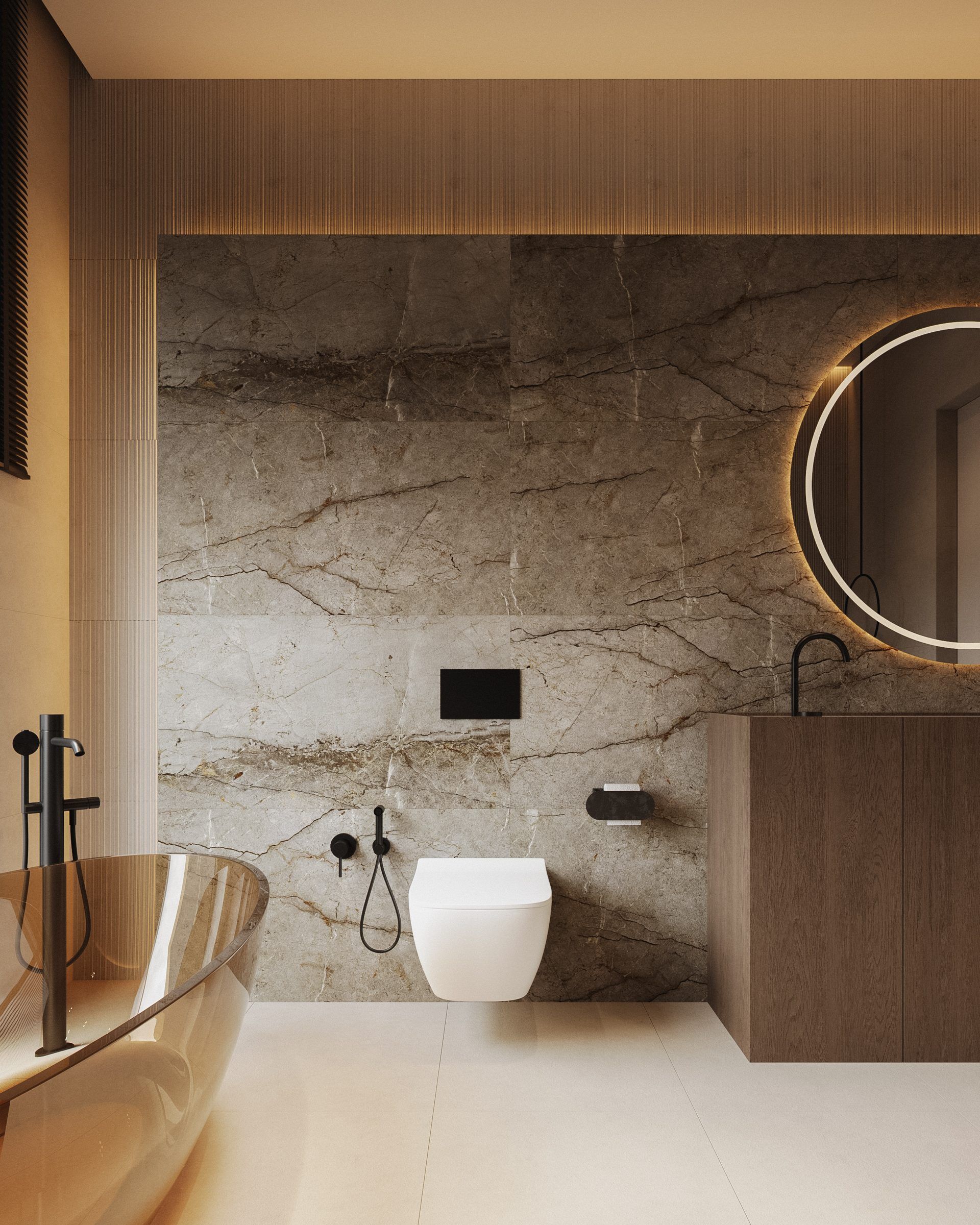 Bathroom with marble wall and wooden finish