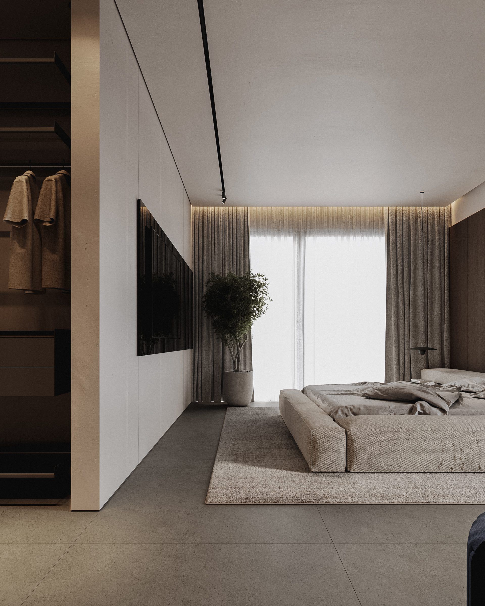 Bedroom with wooden built-in wardrobe and garden view