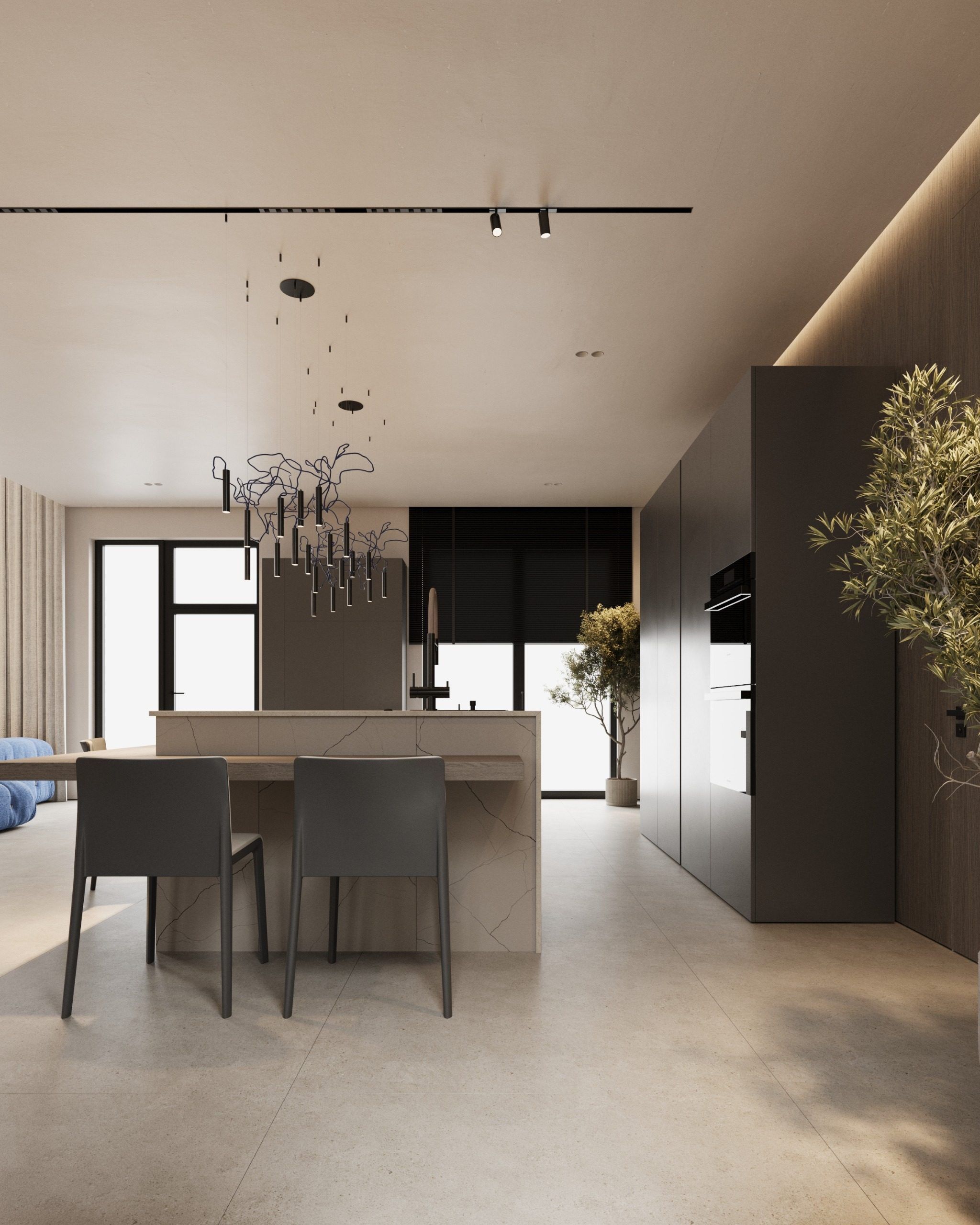 Kitchen-dining area with wooden furniture and minimalist decor