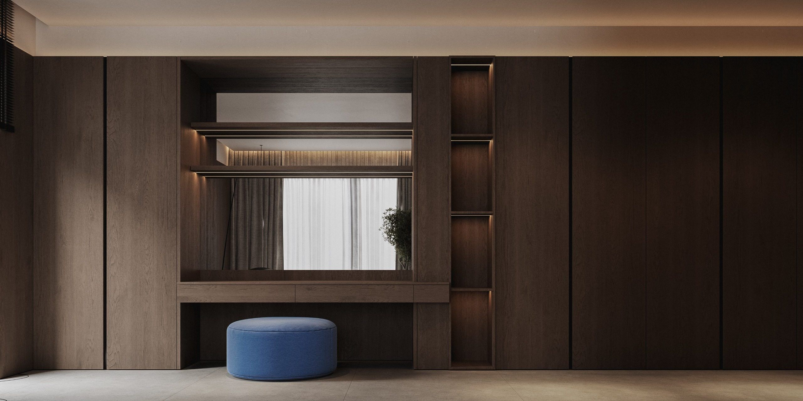 Built-in wooden storage system with blue accent