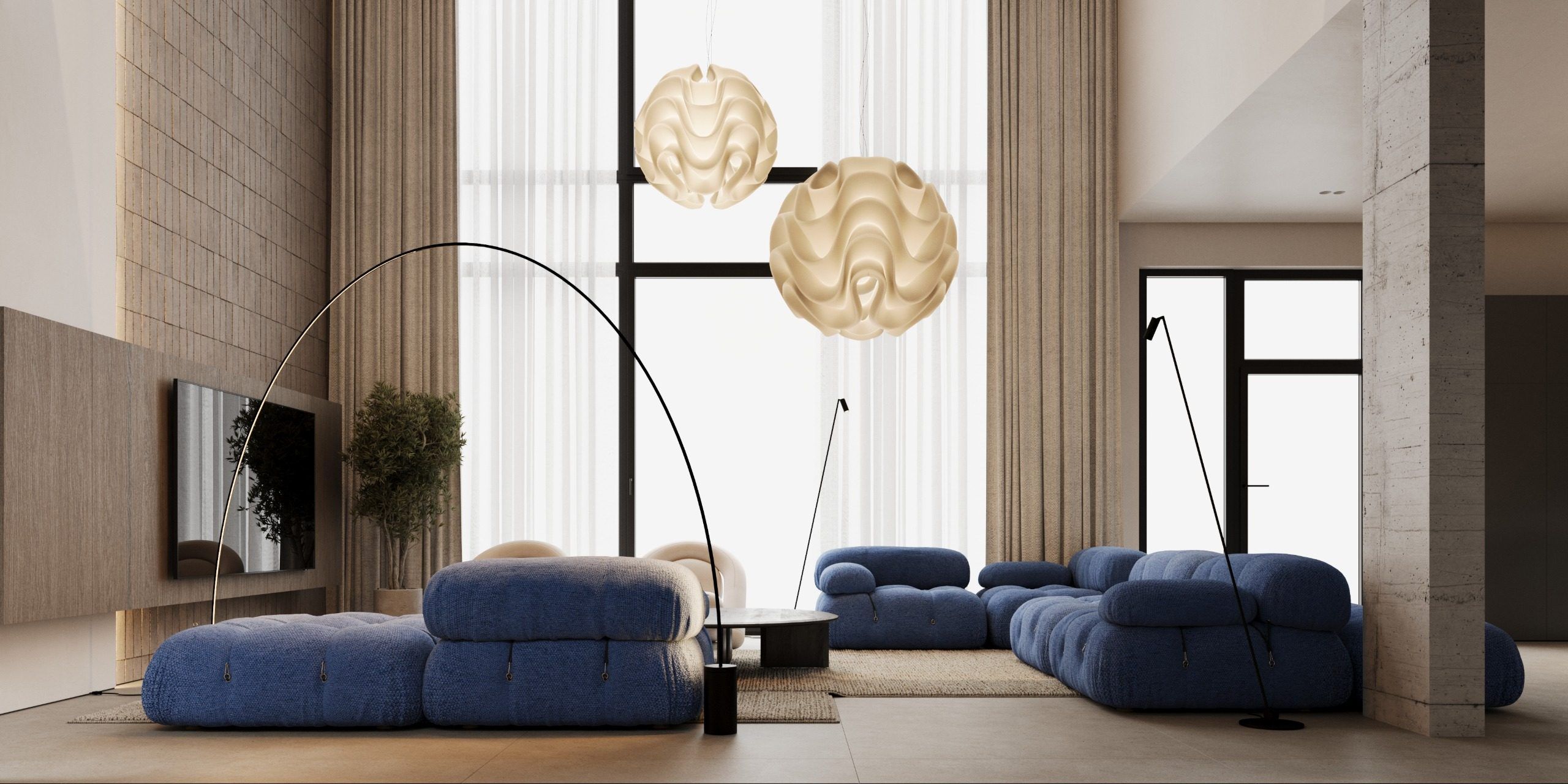 Interior with blue furniture, arched floor lamp and fabric panels