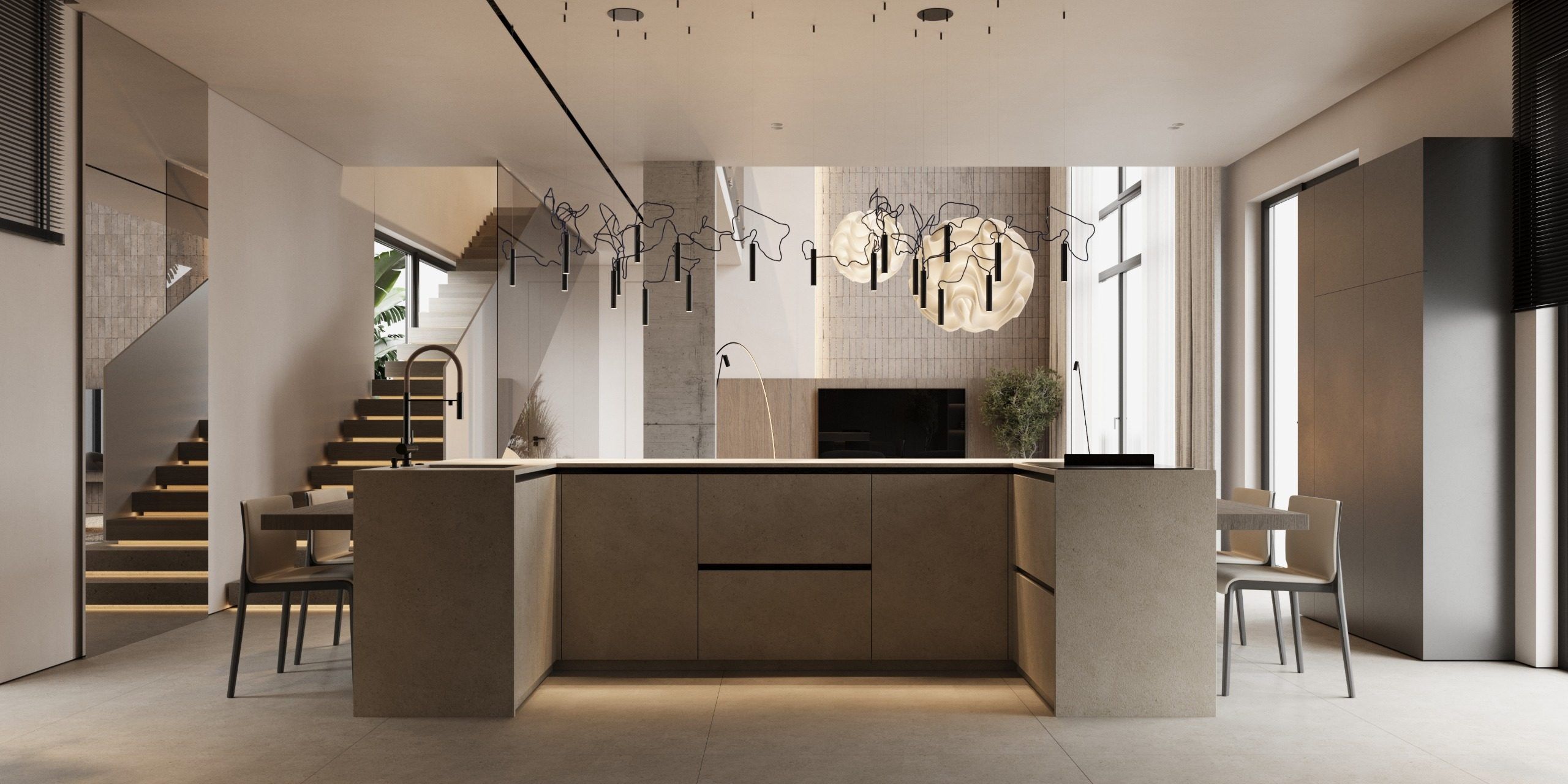 Two-level interior with kitchen and wooden staircase