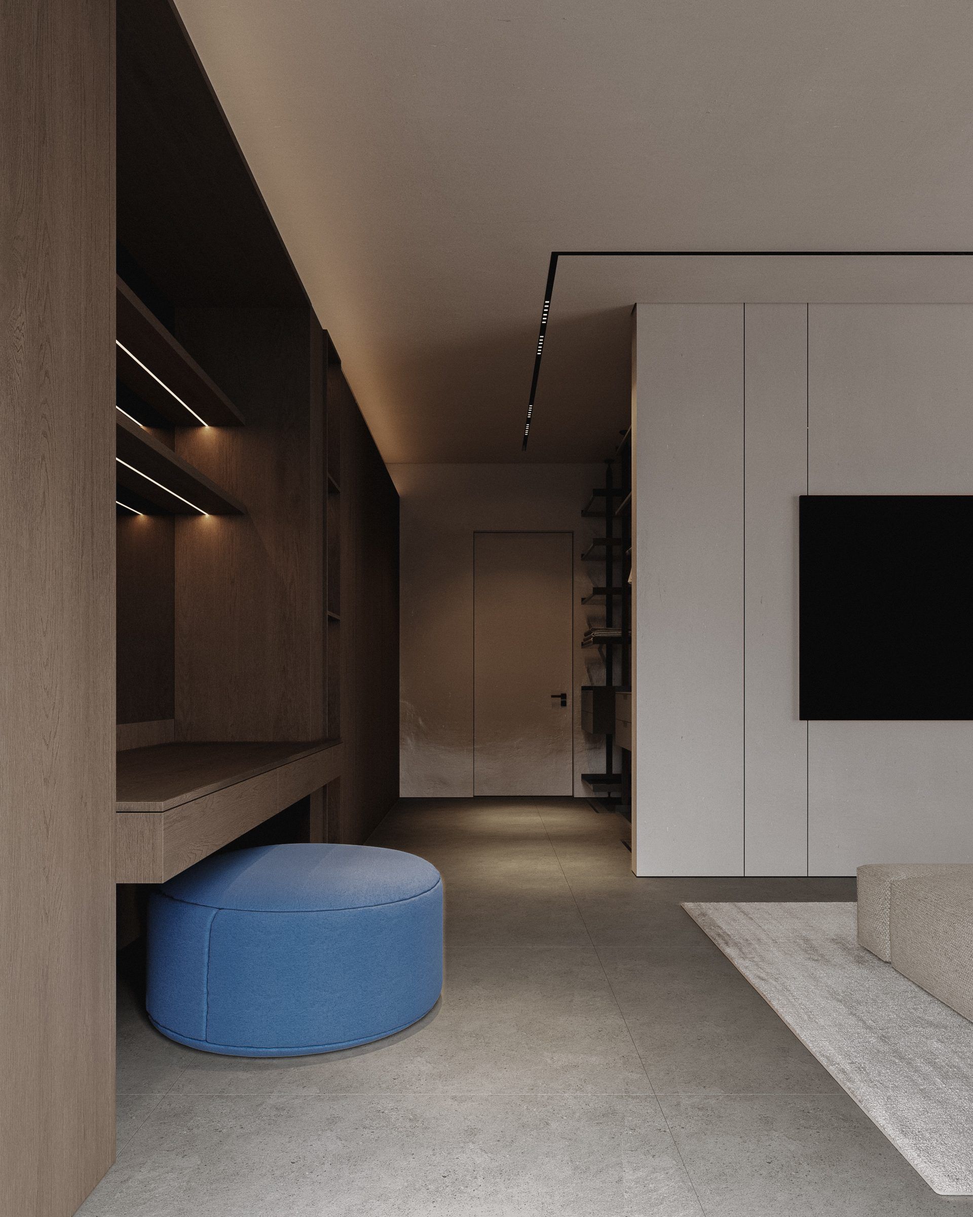 Corridor with blue pouf and dark wood built-in cabinets