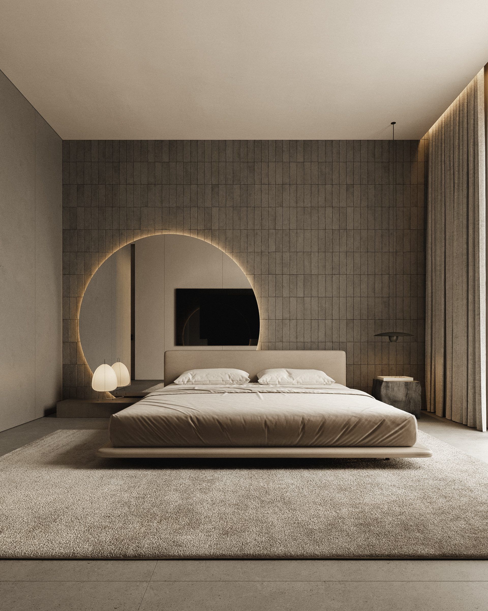 Bedroom with circular mirror and platform bed