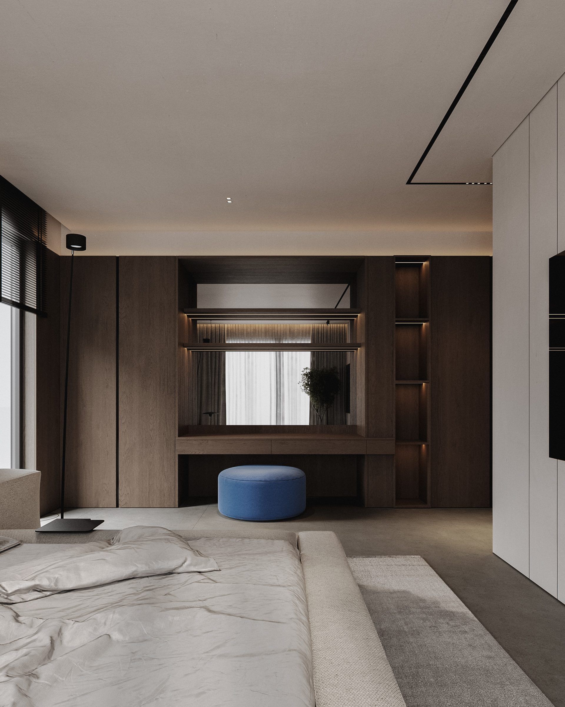 Bedroom with wooden panels and integrated storage system