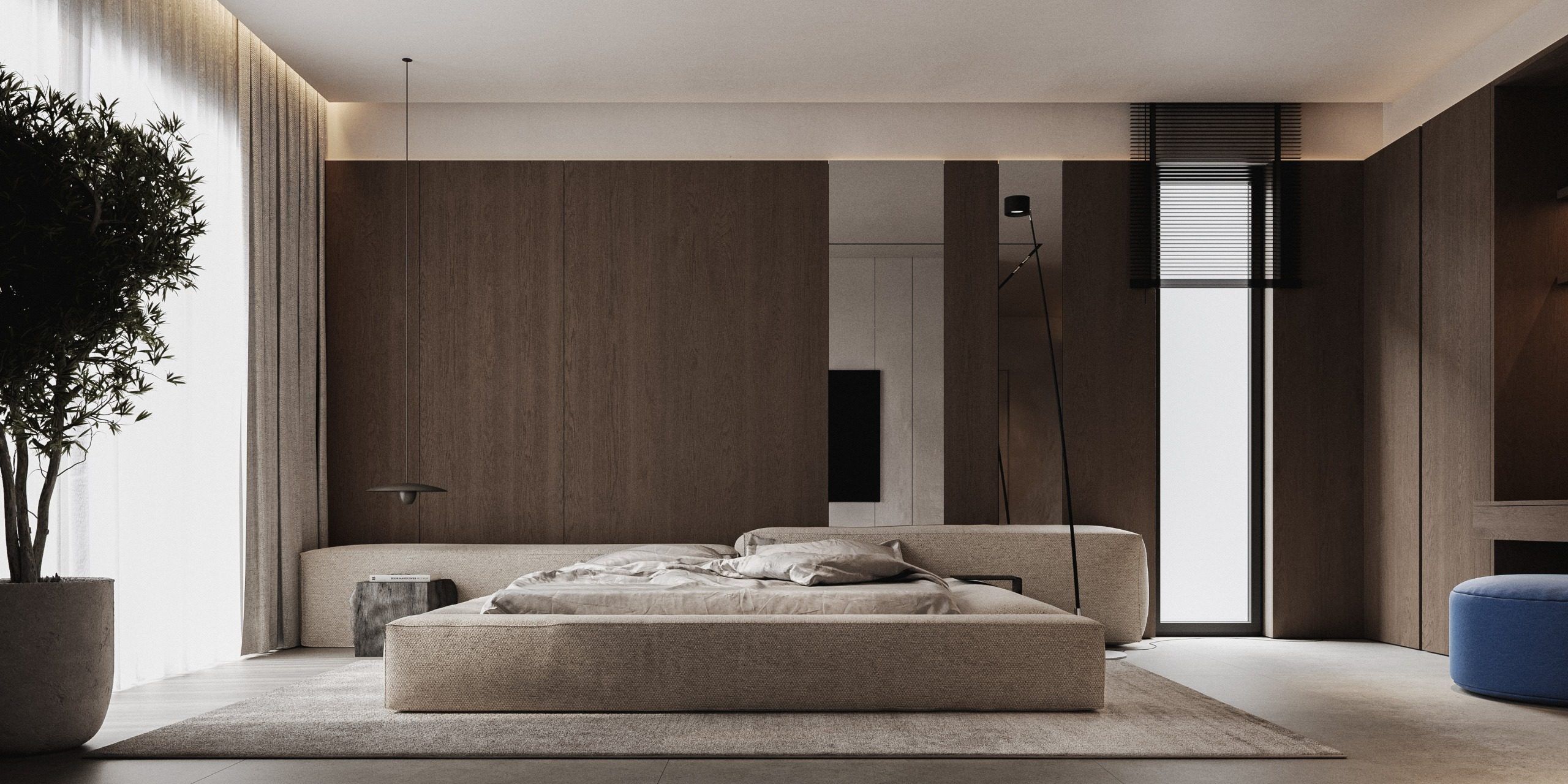 Bedroom with platform bed and built-in wooden panels