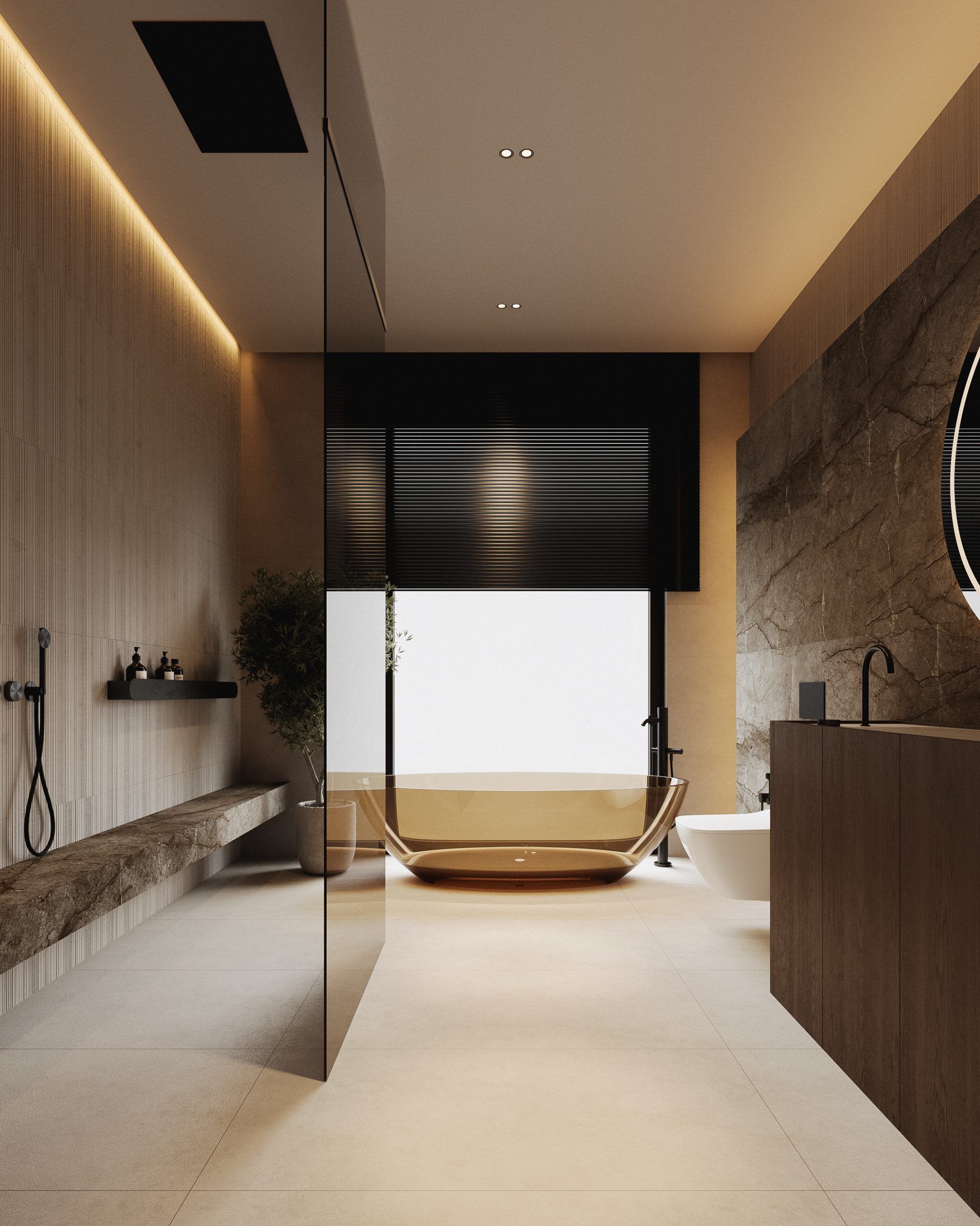 Spa bathroom with wooden cabinetry and panoramic window