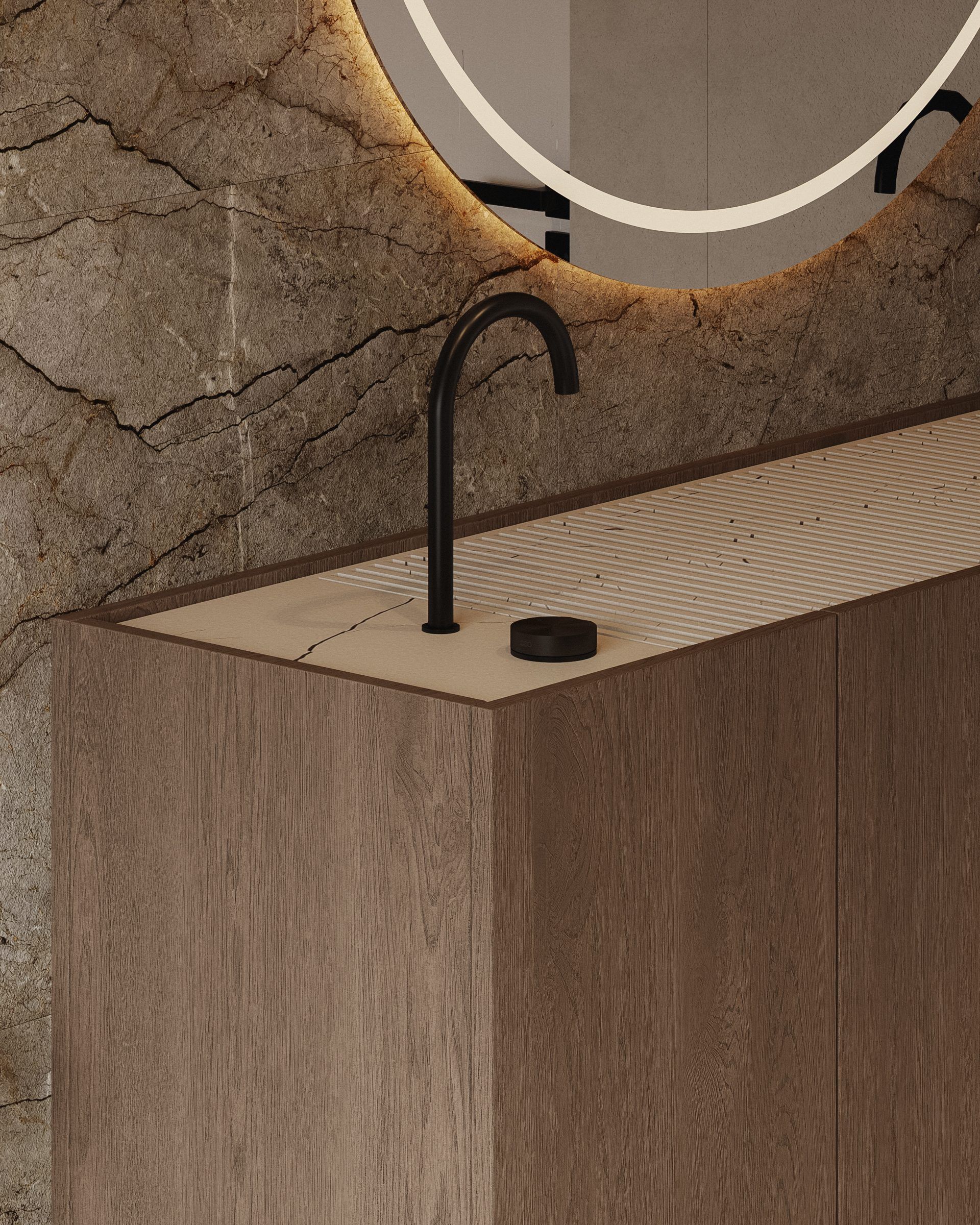 Light wood vanity with tap and illuminated mirror
