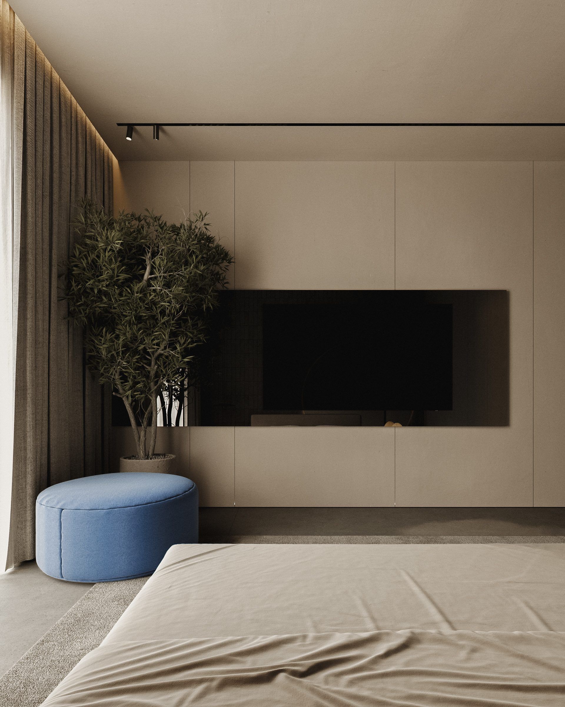 Bedroom with blue pouf and built-in screen