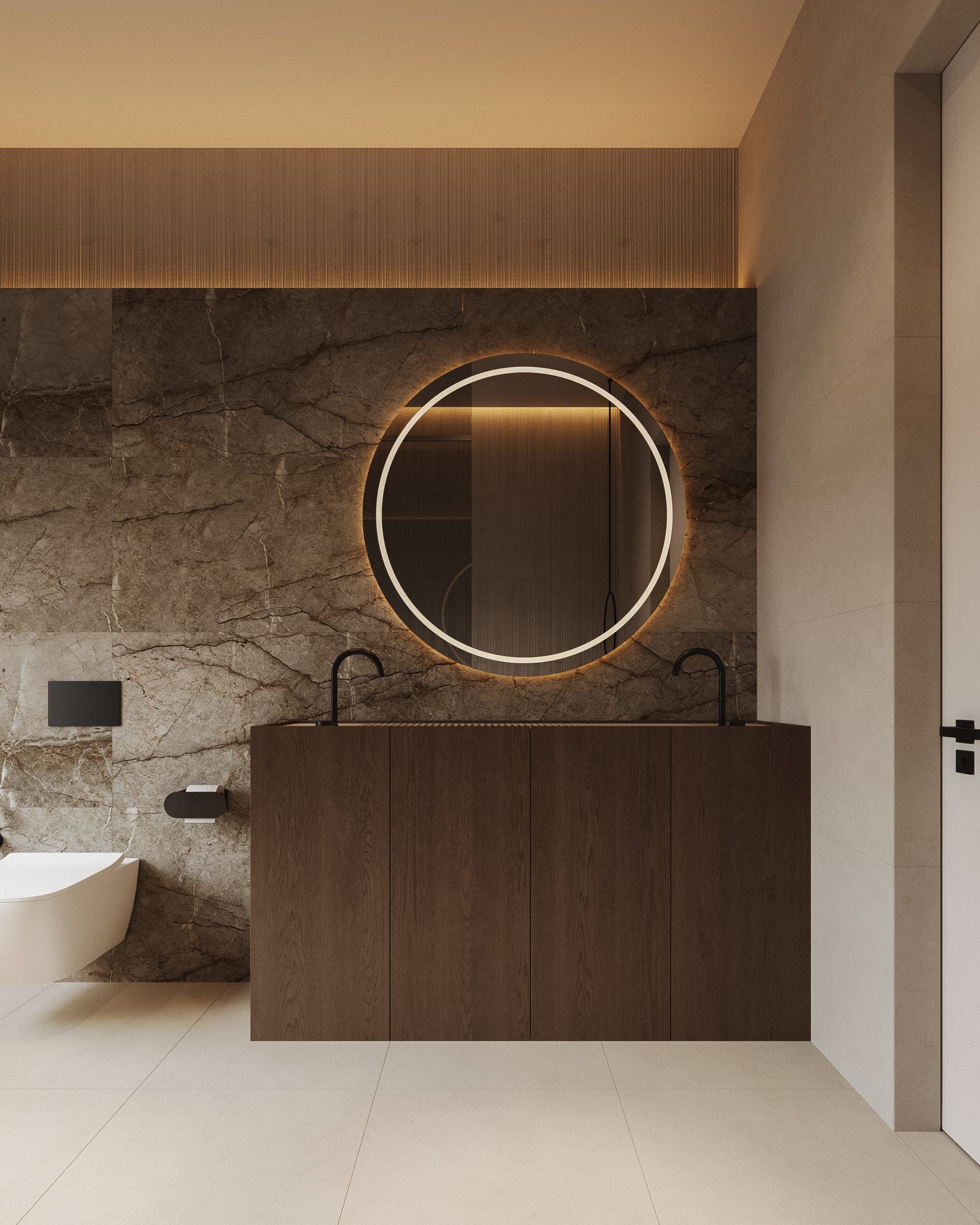 Bathroom with dark wood vanity and round mirror