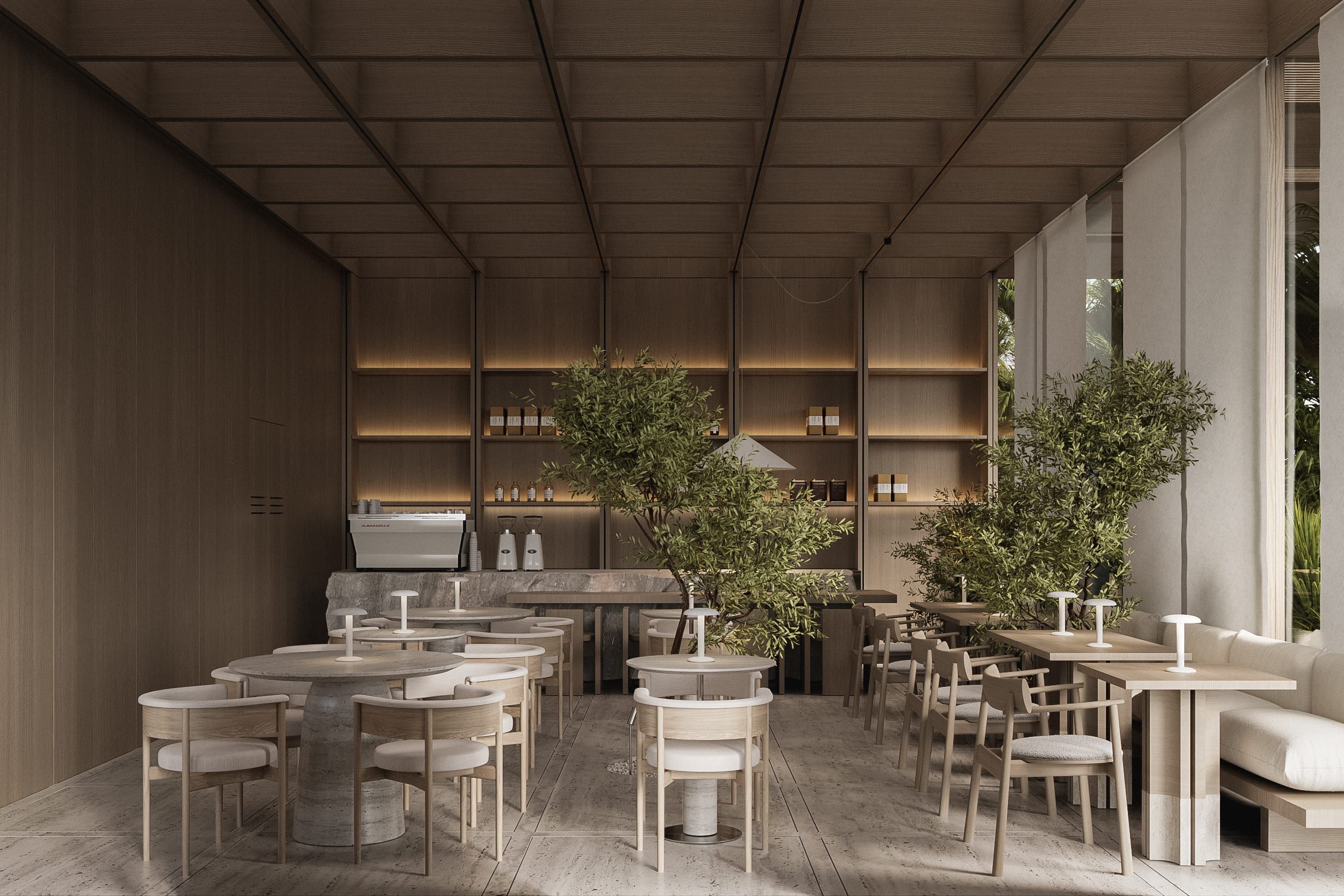 Restaurant space with timber, shelving and plants