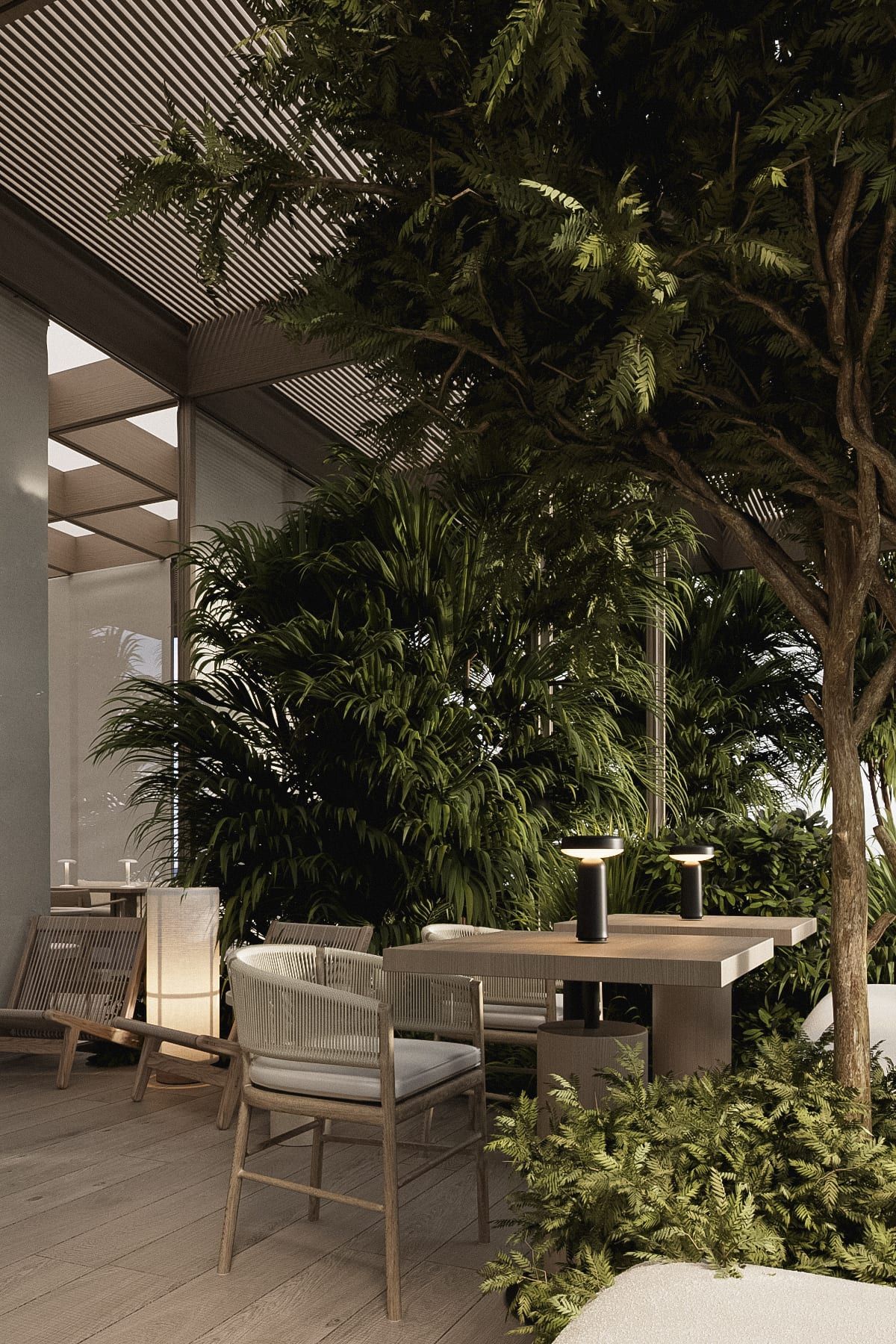 Lounge area with lattice screening and greenery