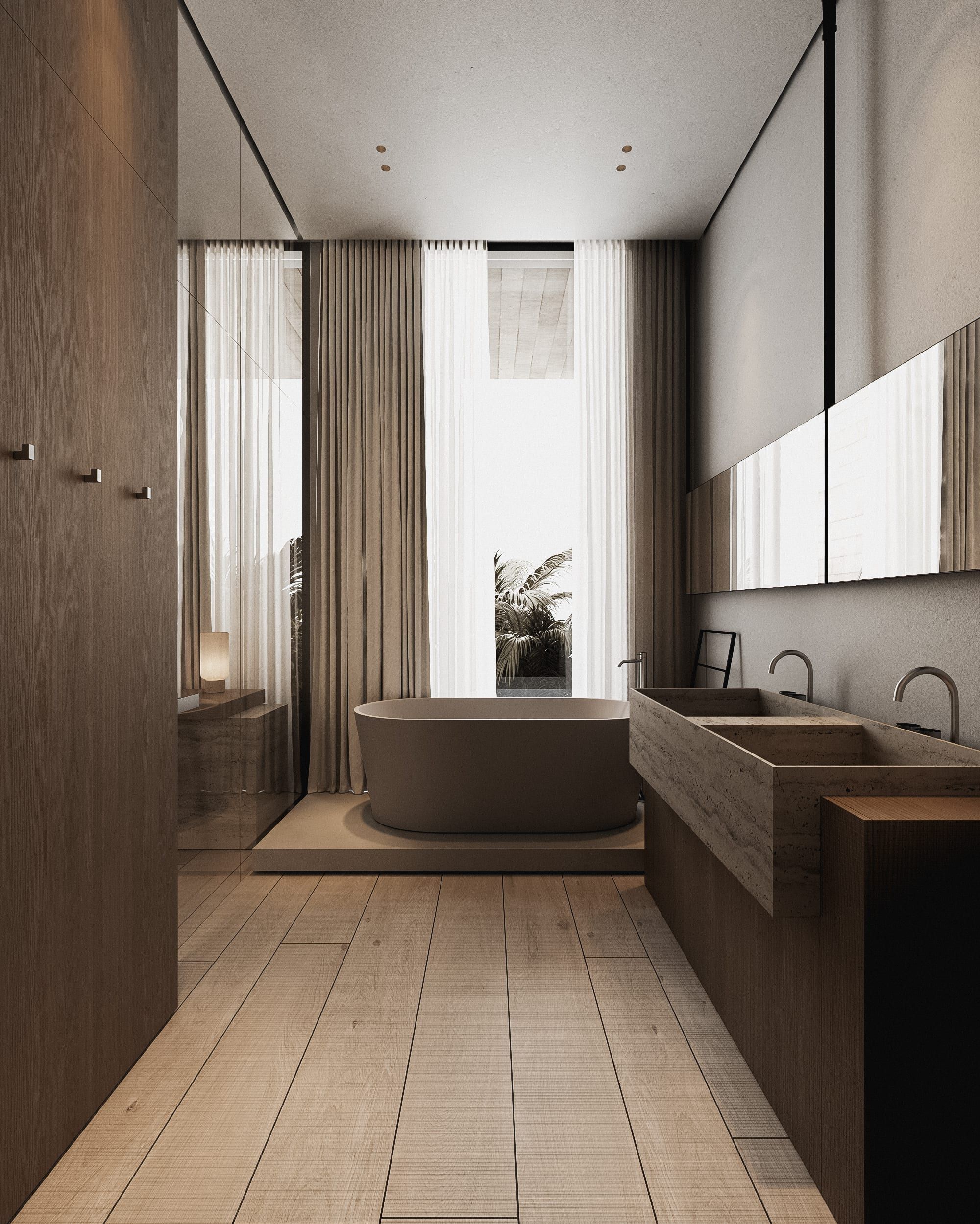 Bathroom with wooden flooring, stone bathtub and sink