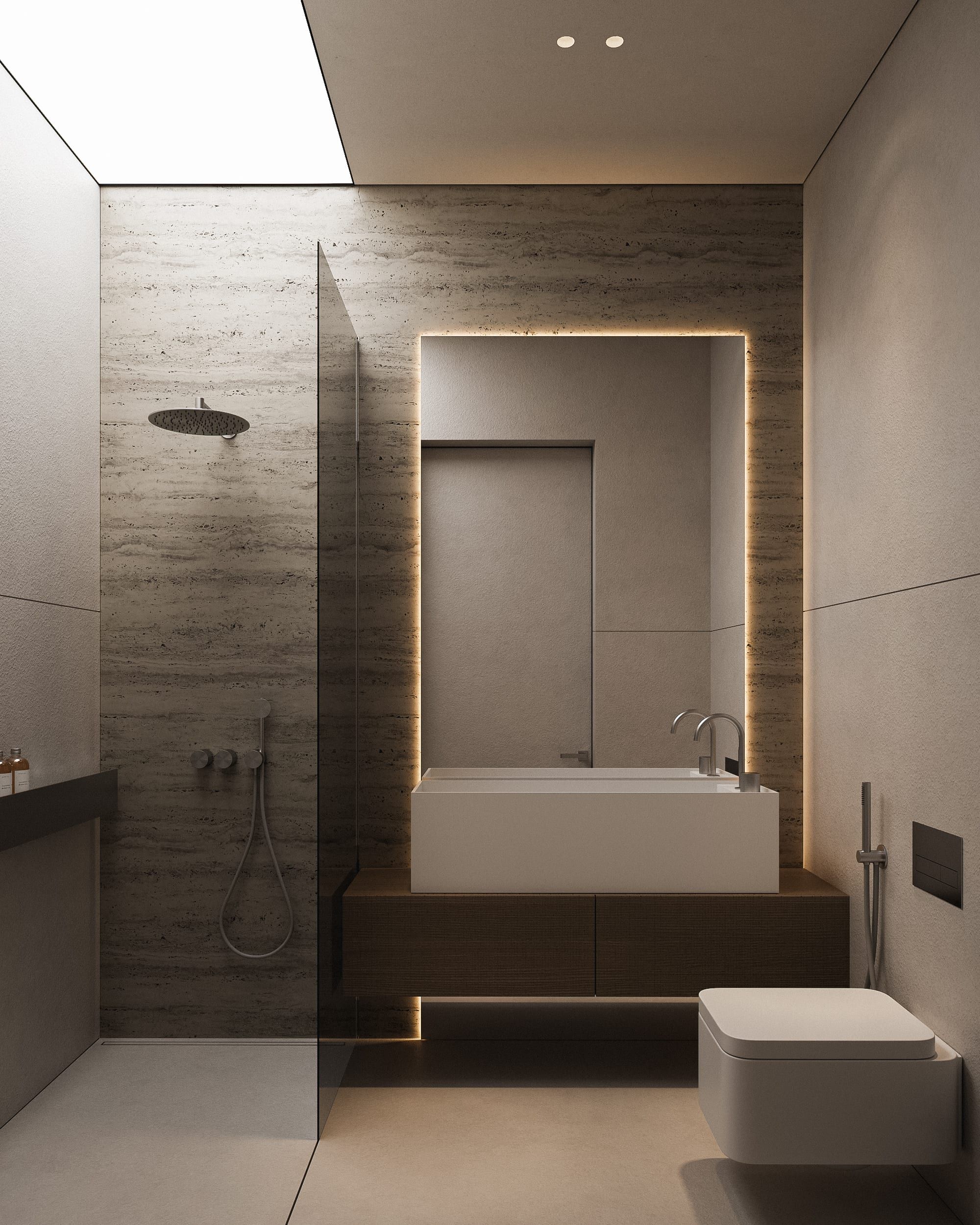 Bathroom with walk-in shower, integrated bathtub and timber detailing