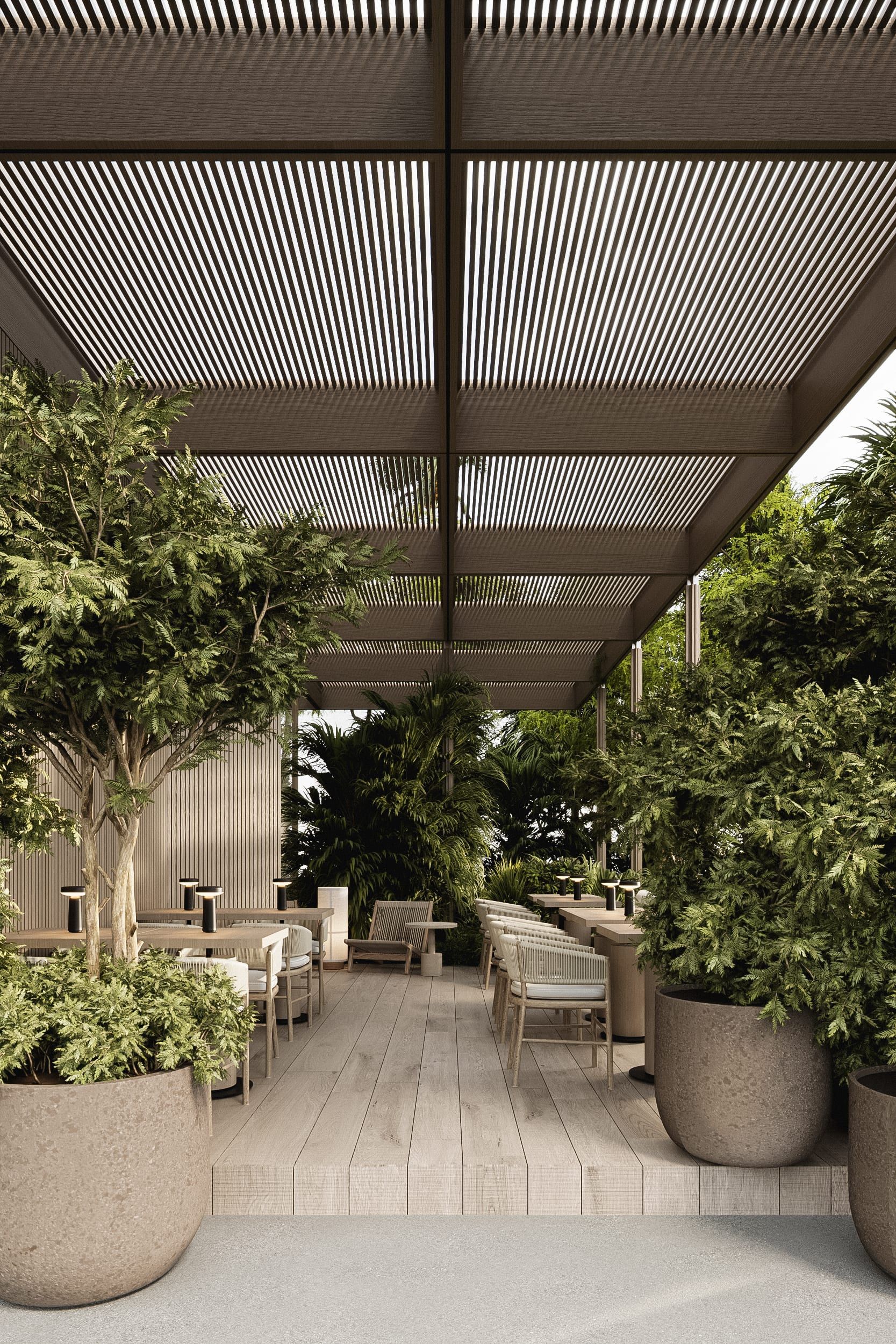 Covered plaza with lattice ceiling and planted landscaping