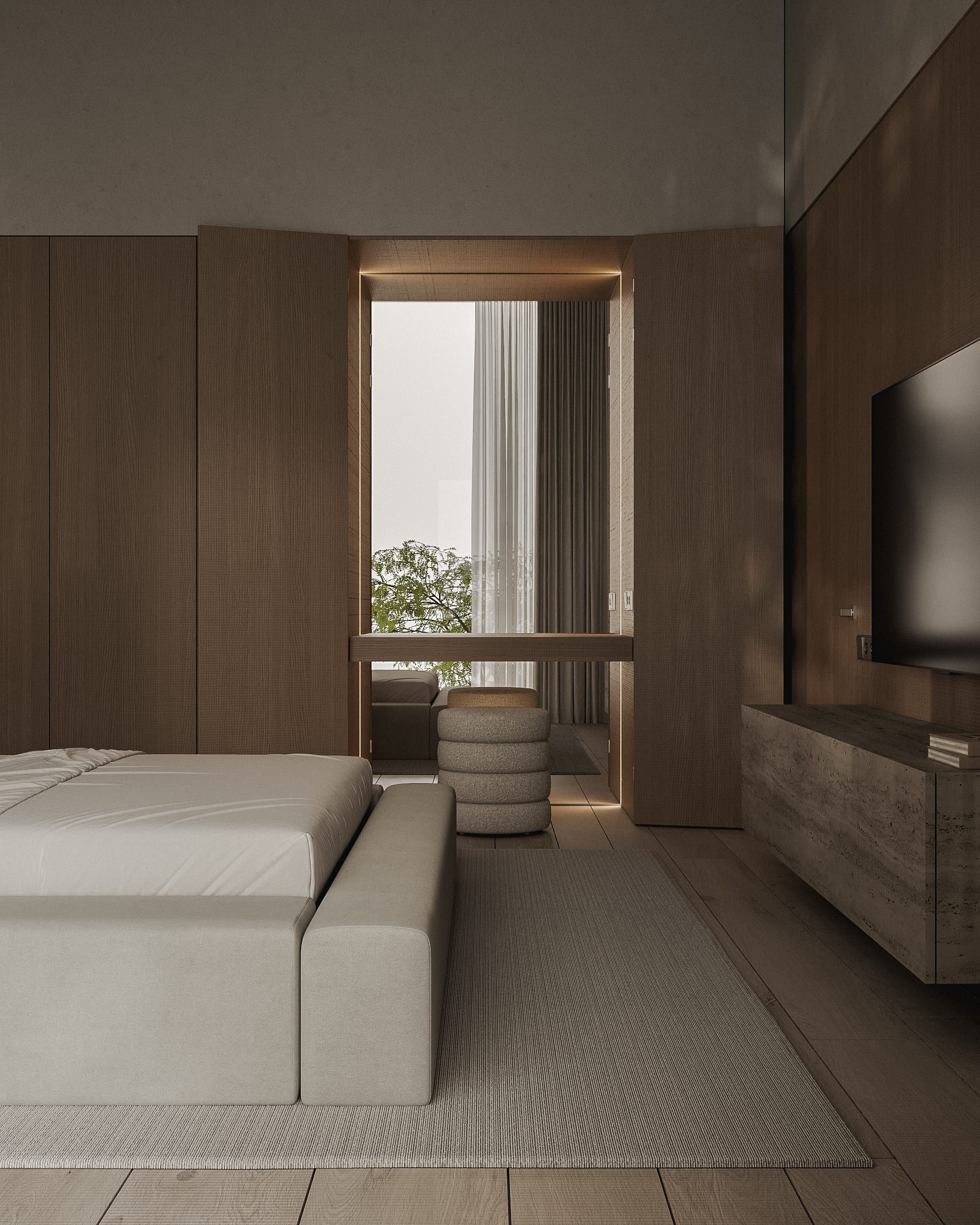 Bedroom with wooden door to courtyard and built-in furniture