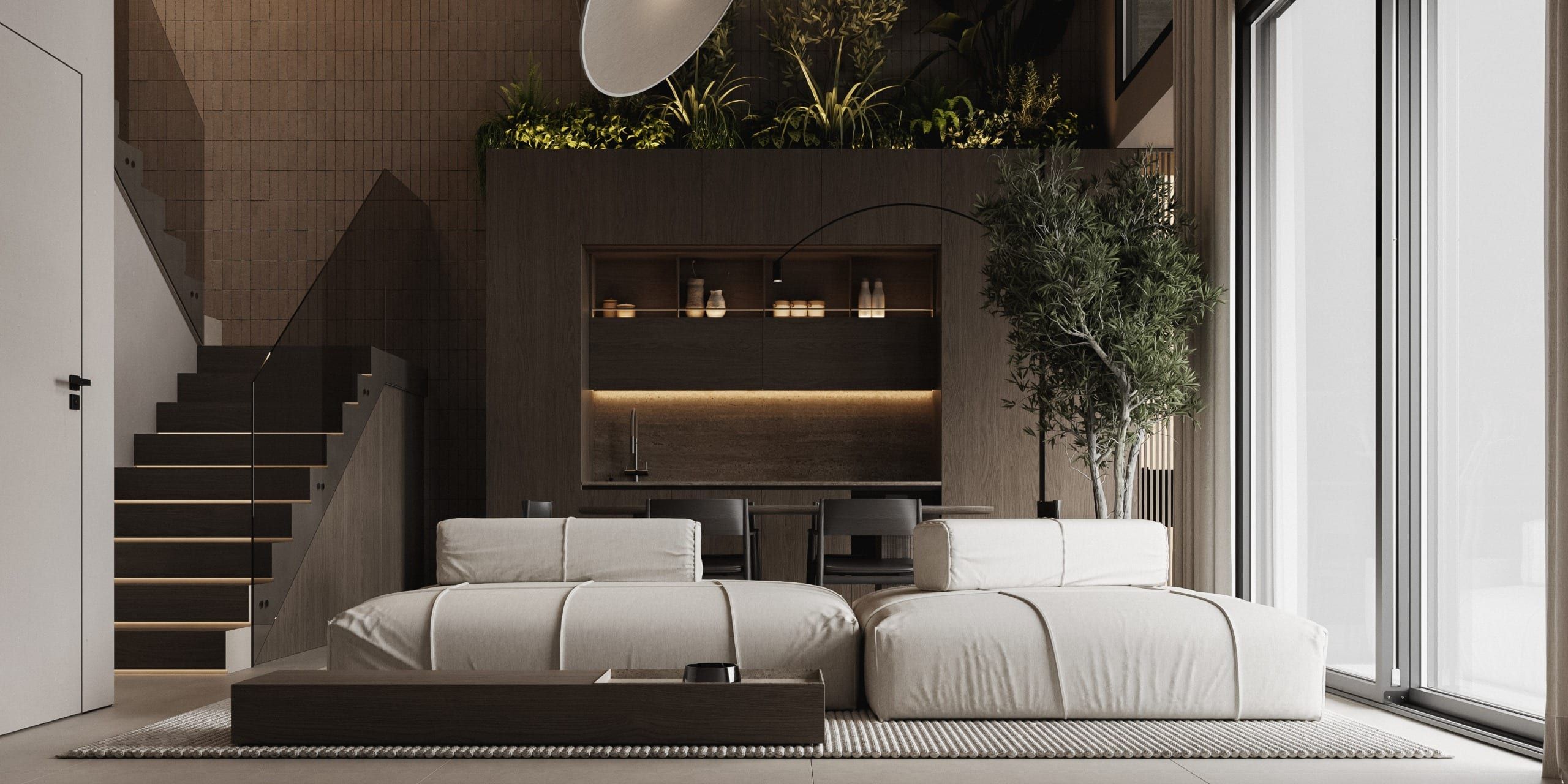 Living room with low sofa, wall-mounted shelving and green plants
