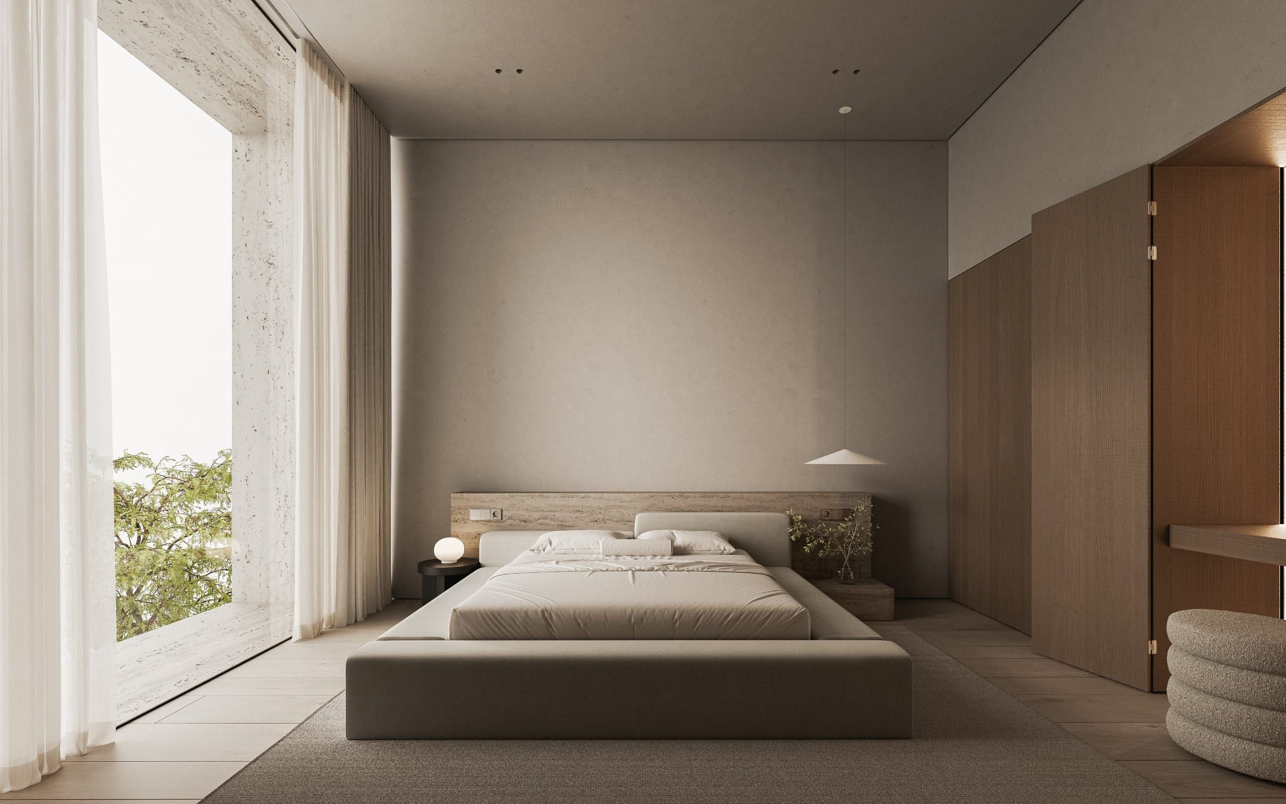 Bedroom with garden view, integrated bedside tables and bright interior