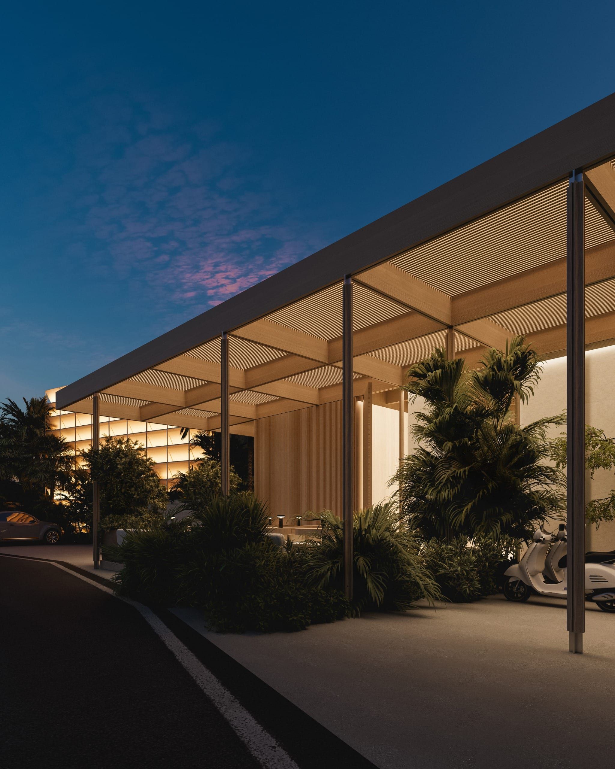 Covered veranda with wooden columns and plantings