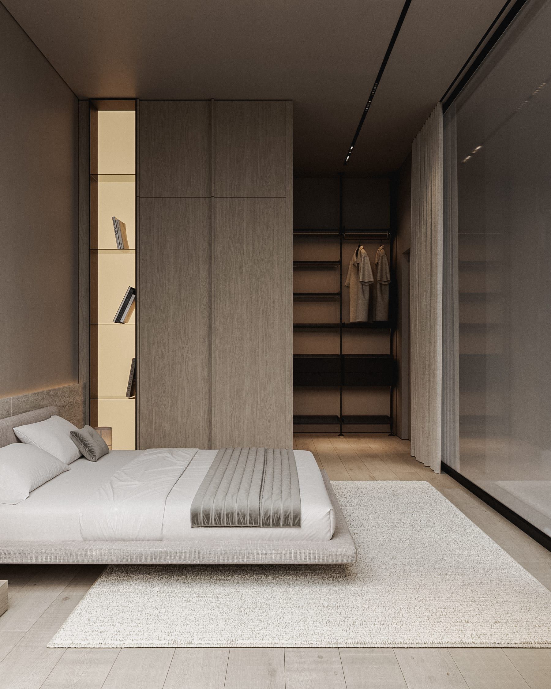 Bedroom with fitted wardrobe, open closet and wooden panels