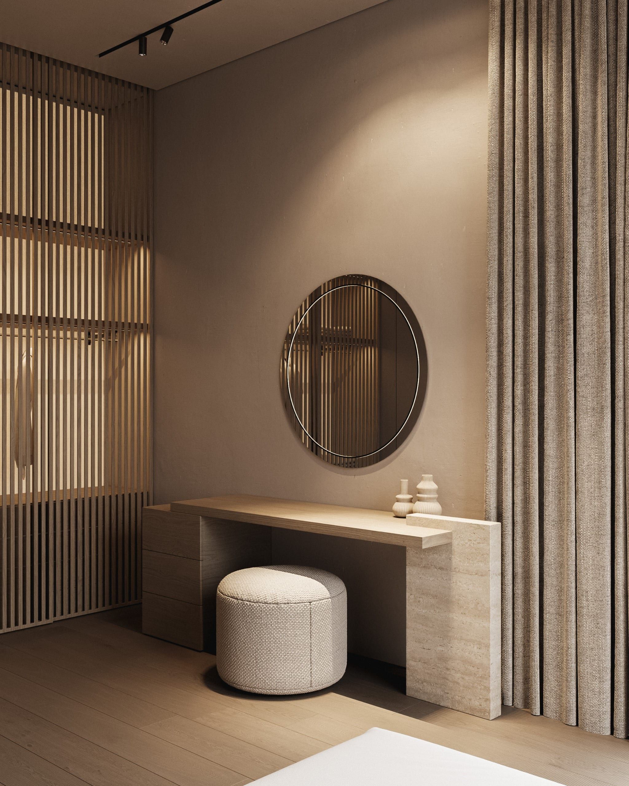 Bathroom with round mirror, wooden shelf and upholstered pouf
