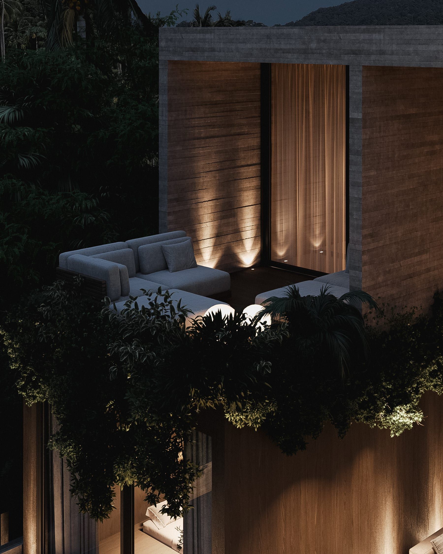 Illuminated balcony with sofas overlooking the pool