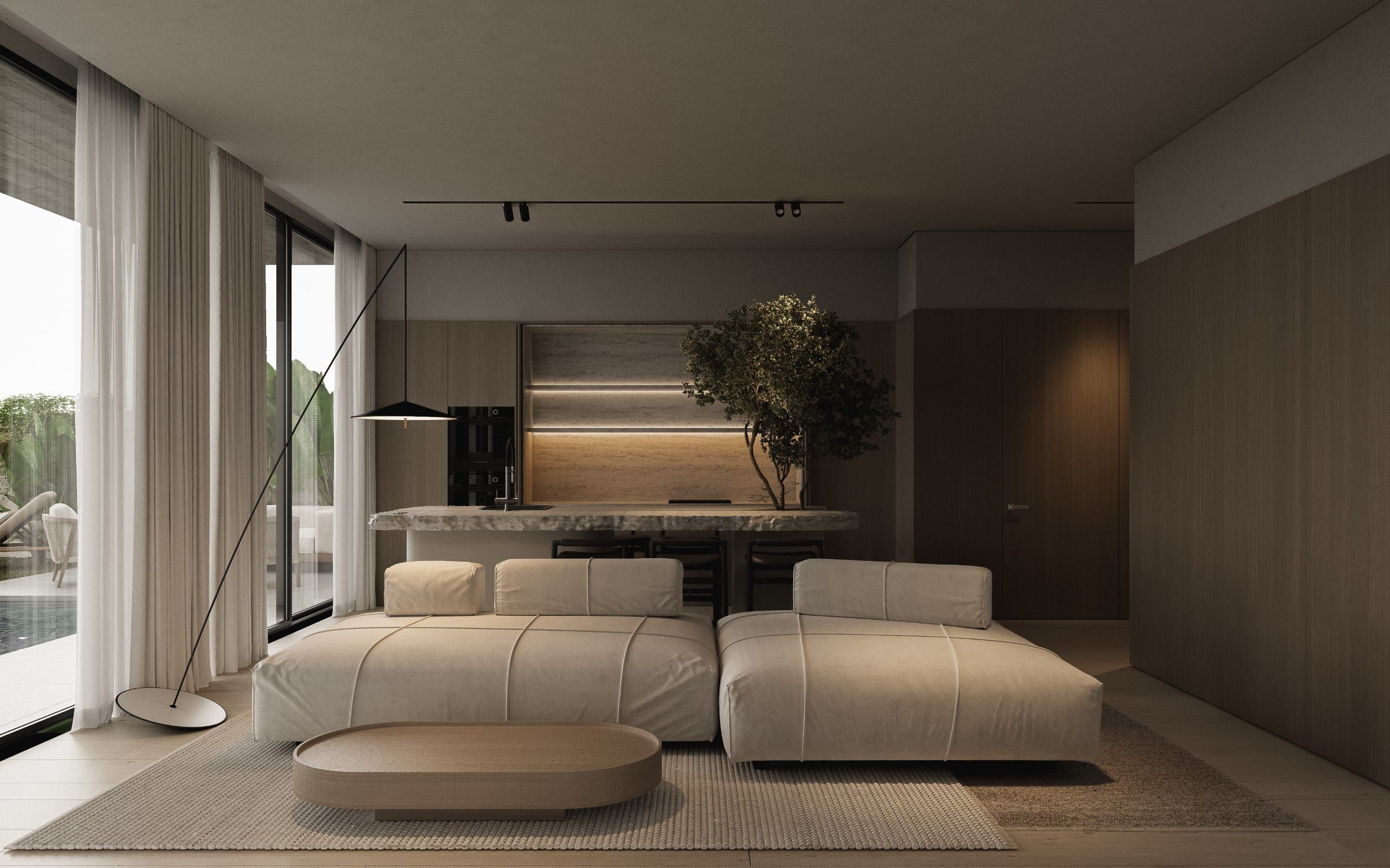 Bedroom-lounge with sofas, timber wall and panoramic view