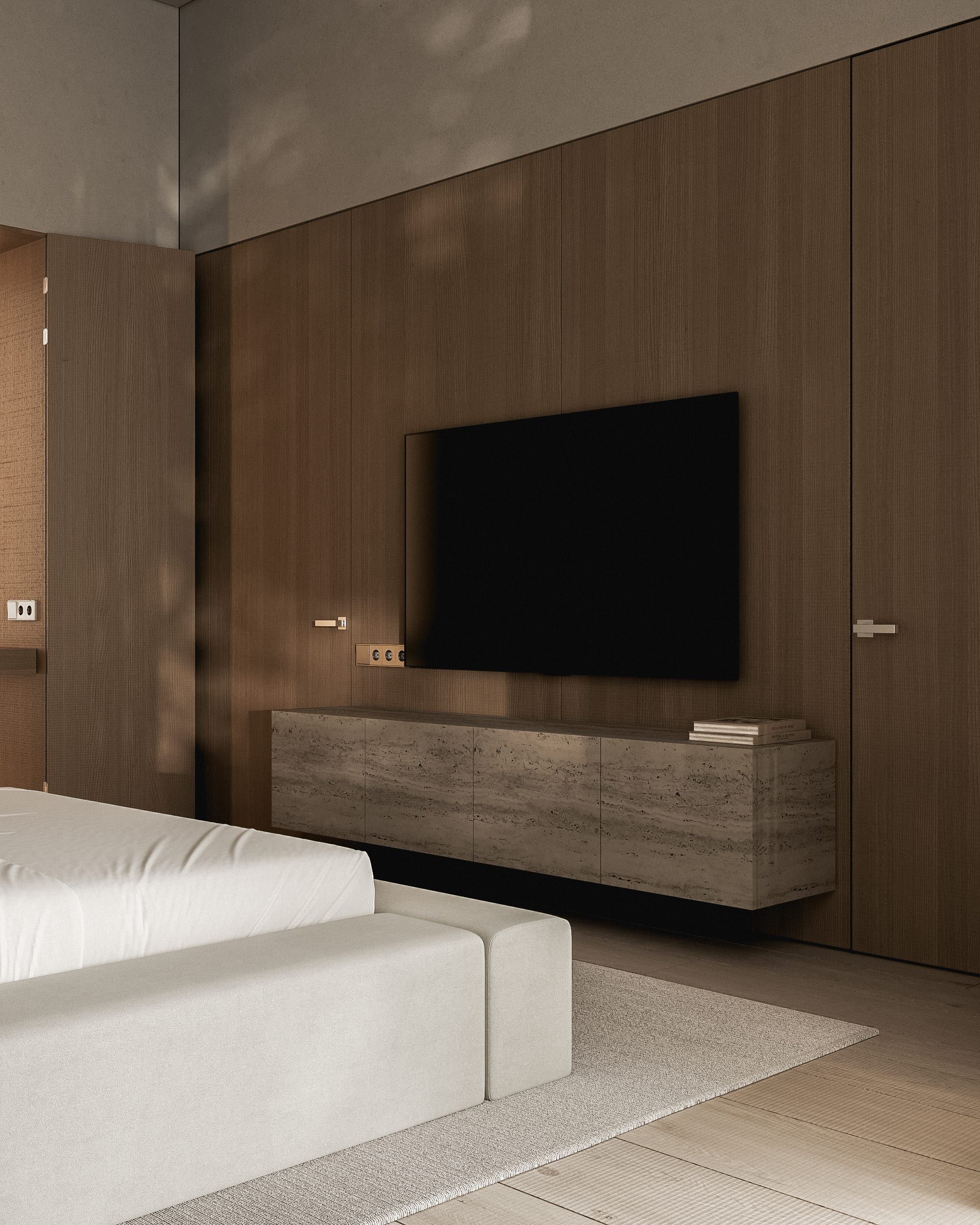 Bedroom with wooden TV panel, bed and timber wall cladding