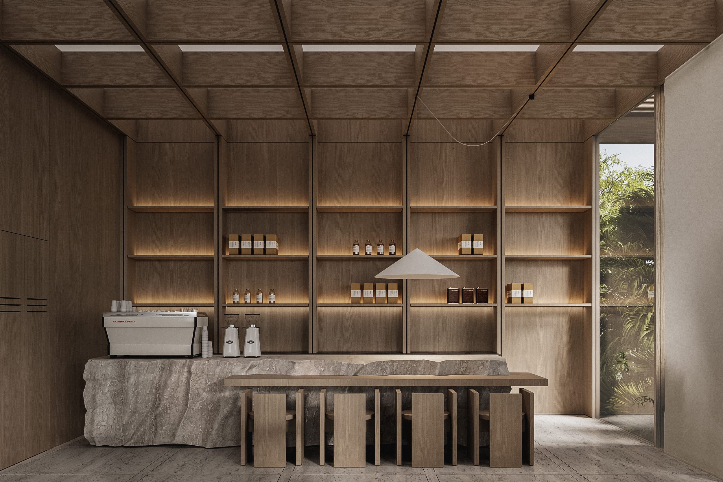 Spa interior with wooden frame and built-in shelving
