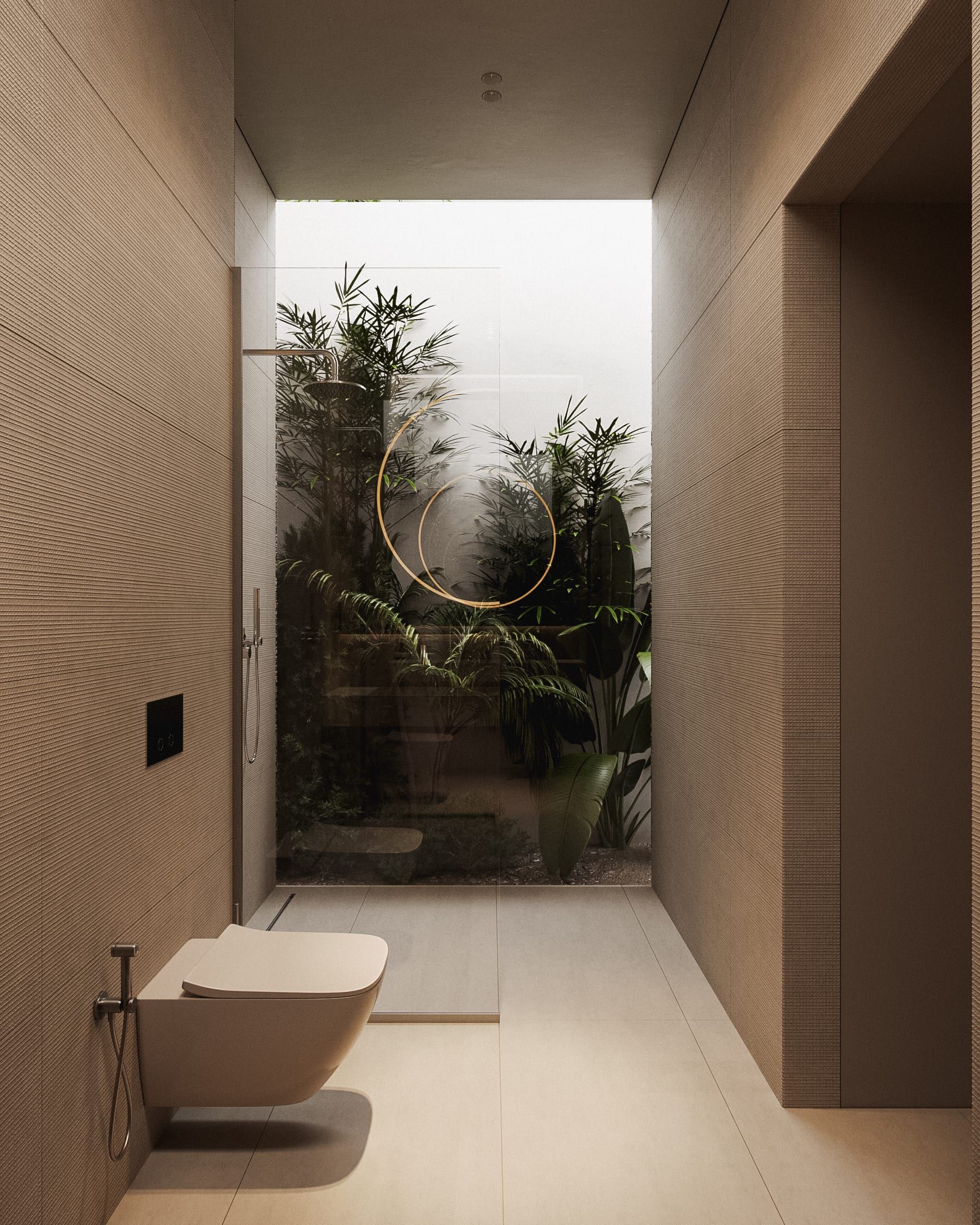 Minimalist bathroom with view to plants and circular mirror