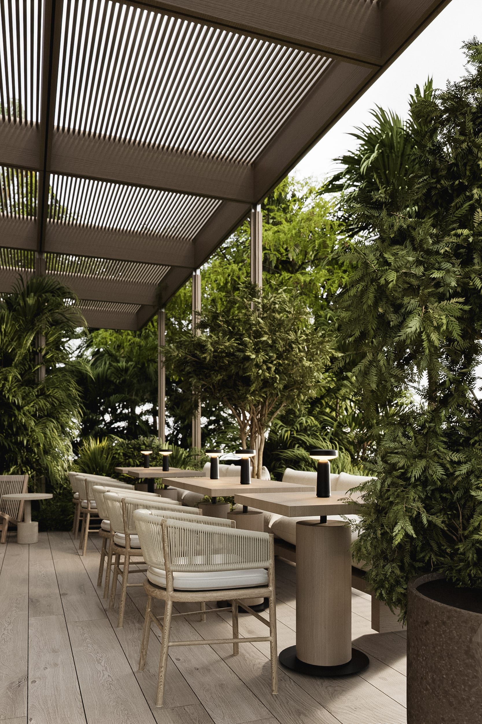 Terrace under polycarbonate pergola with dining furniture