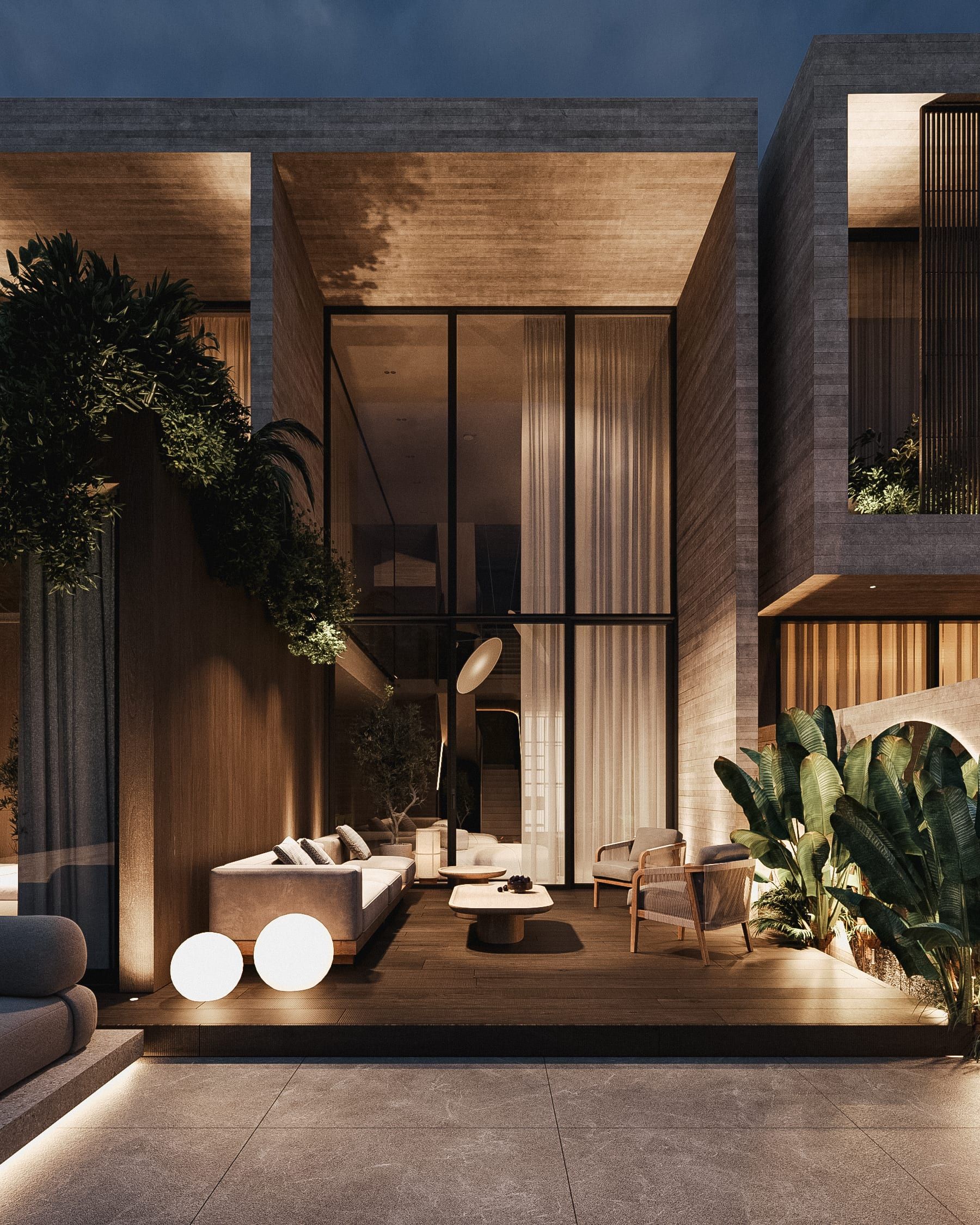Interior courtyard with sofas and vertical plantings