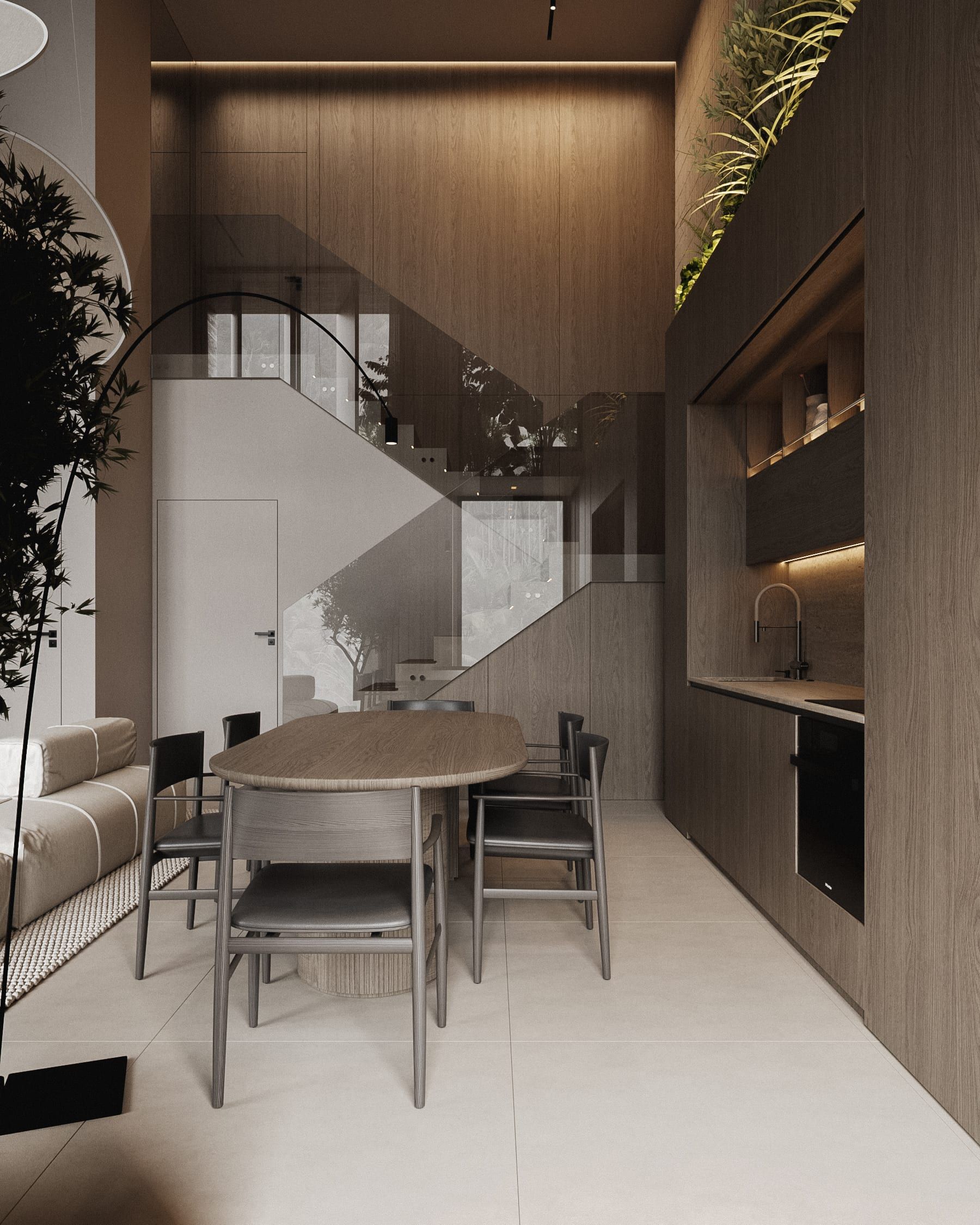 Dining area with wooden staircase, built-in shelves, split-level space