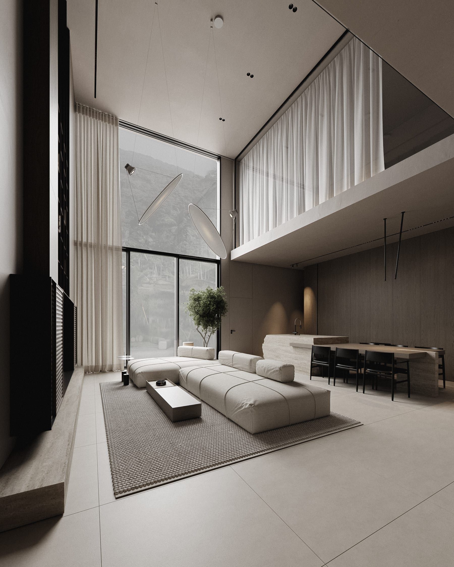 Double-height space with sofa, kitchen area and vertical curtains