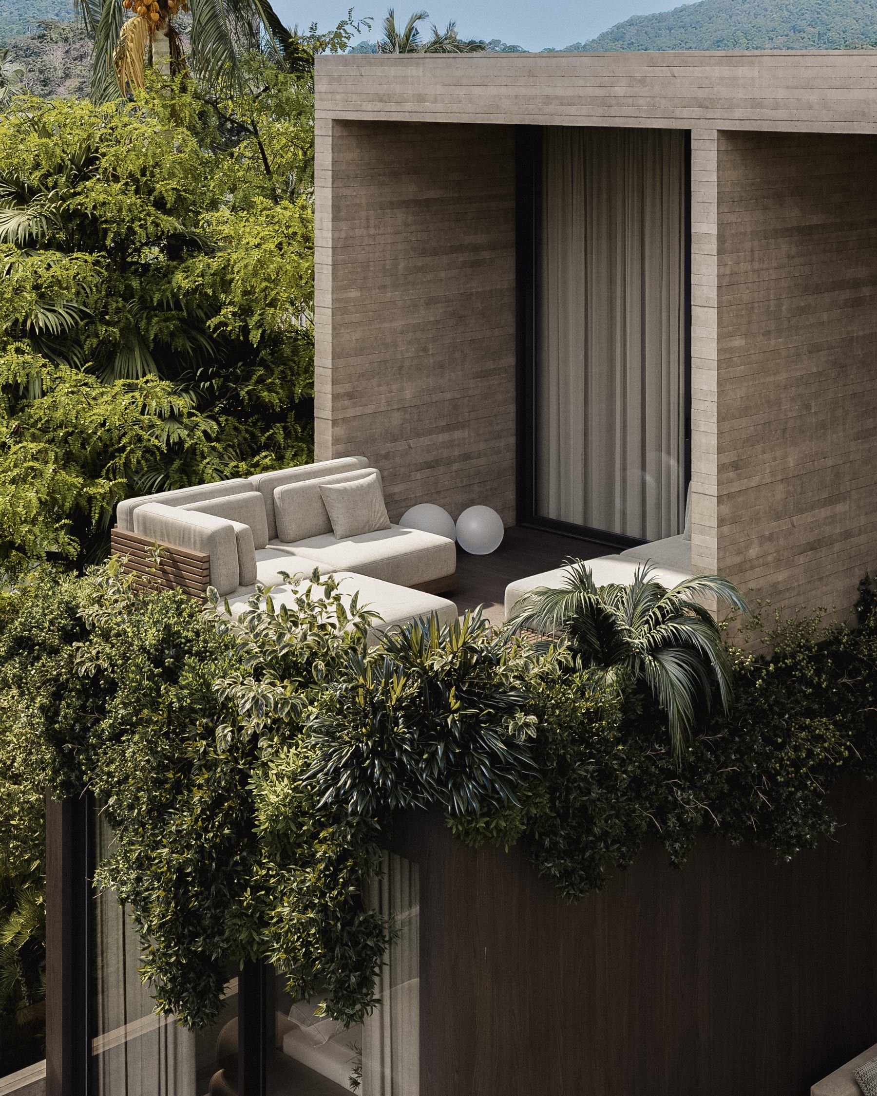 Canopy with sofa and climbing greenery against concrete facade