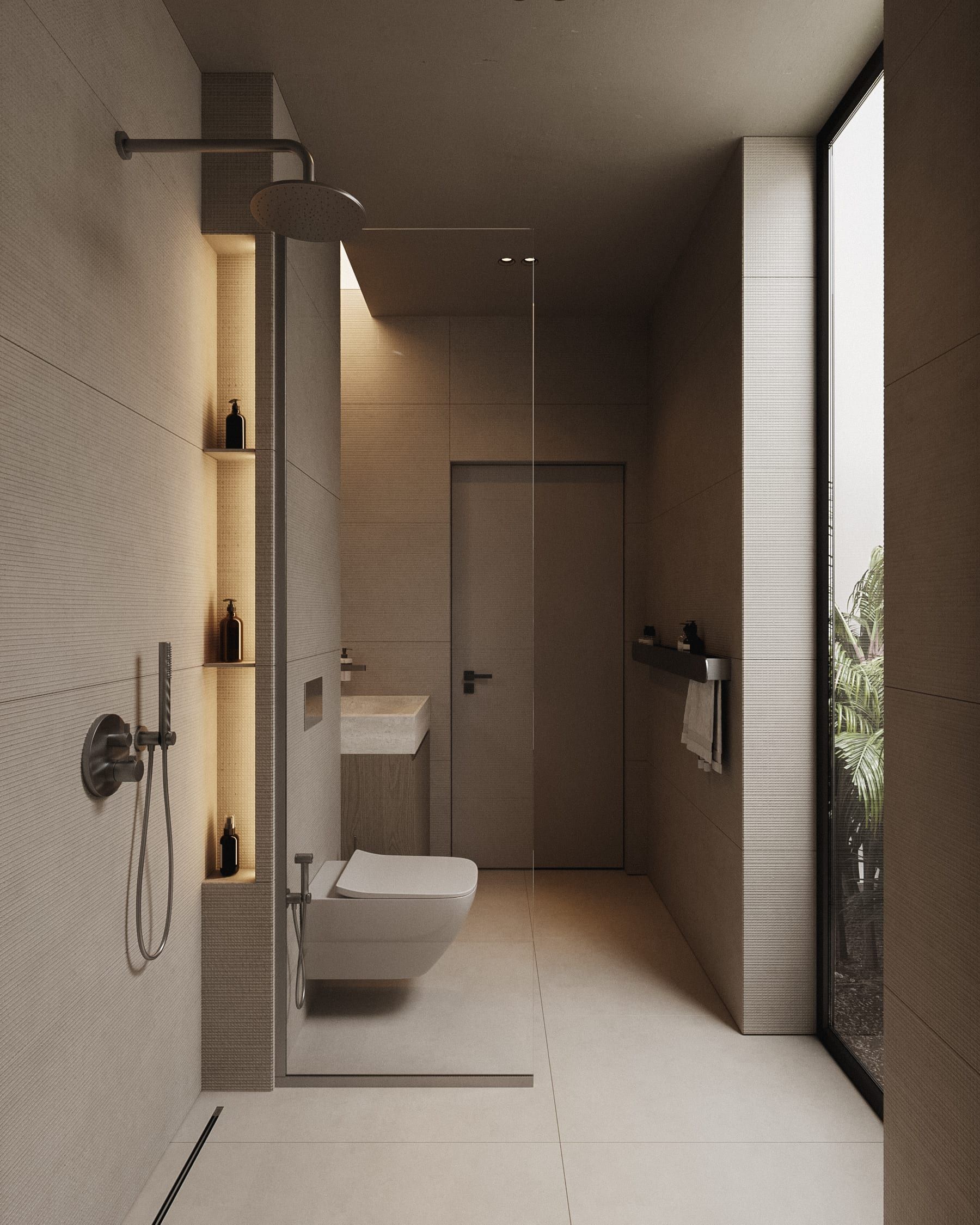 Bathroom with marble finishes, hidden lighting, ceramic fixtures