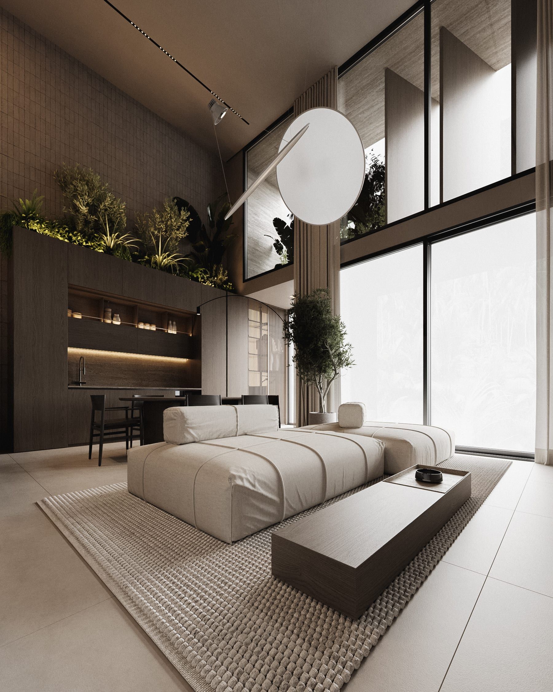Bedroom with round mirror, built-in shelving, dark panels, plants
