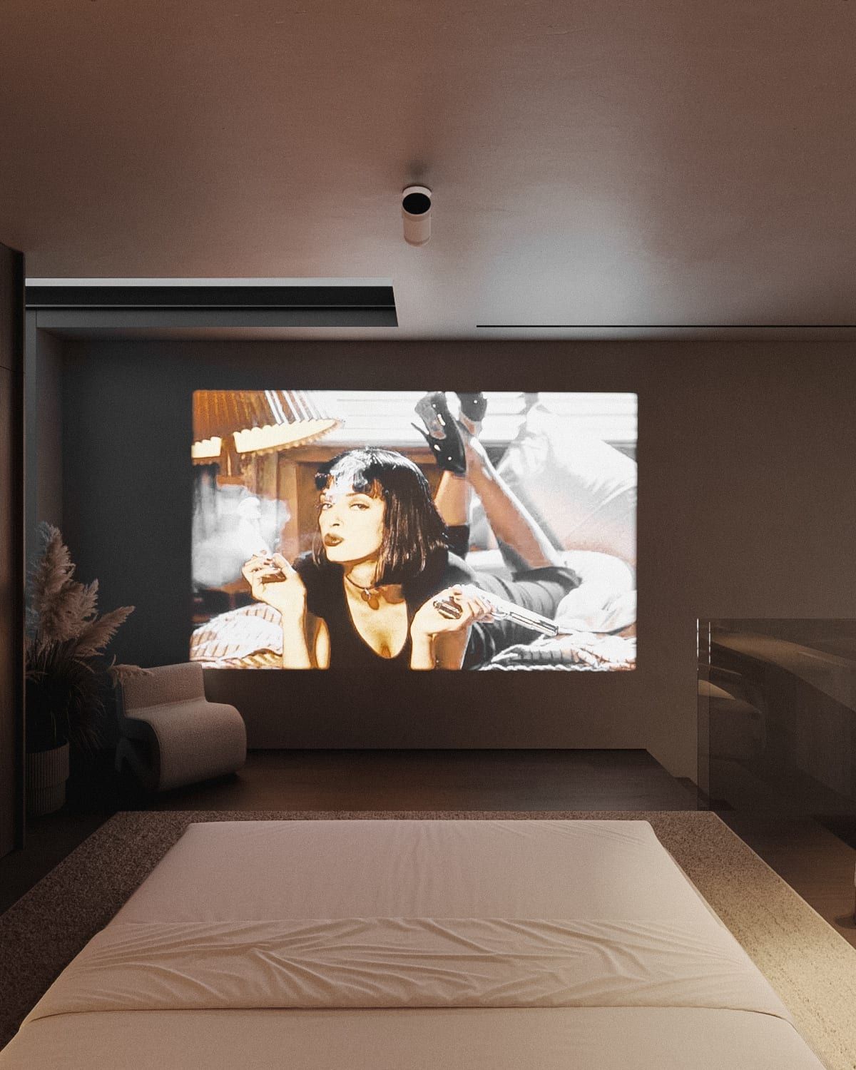 Bedroom with screen wall, textured panels, minimalist interior