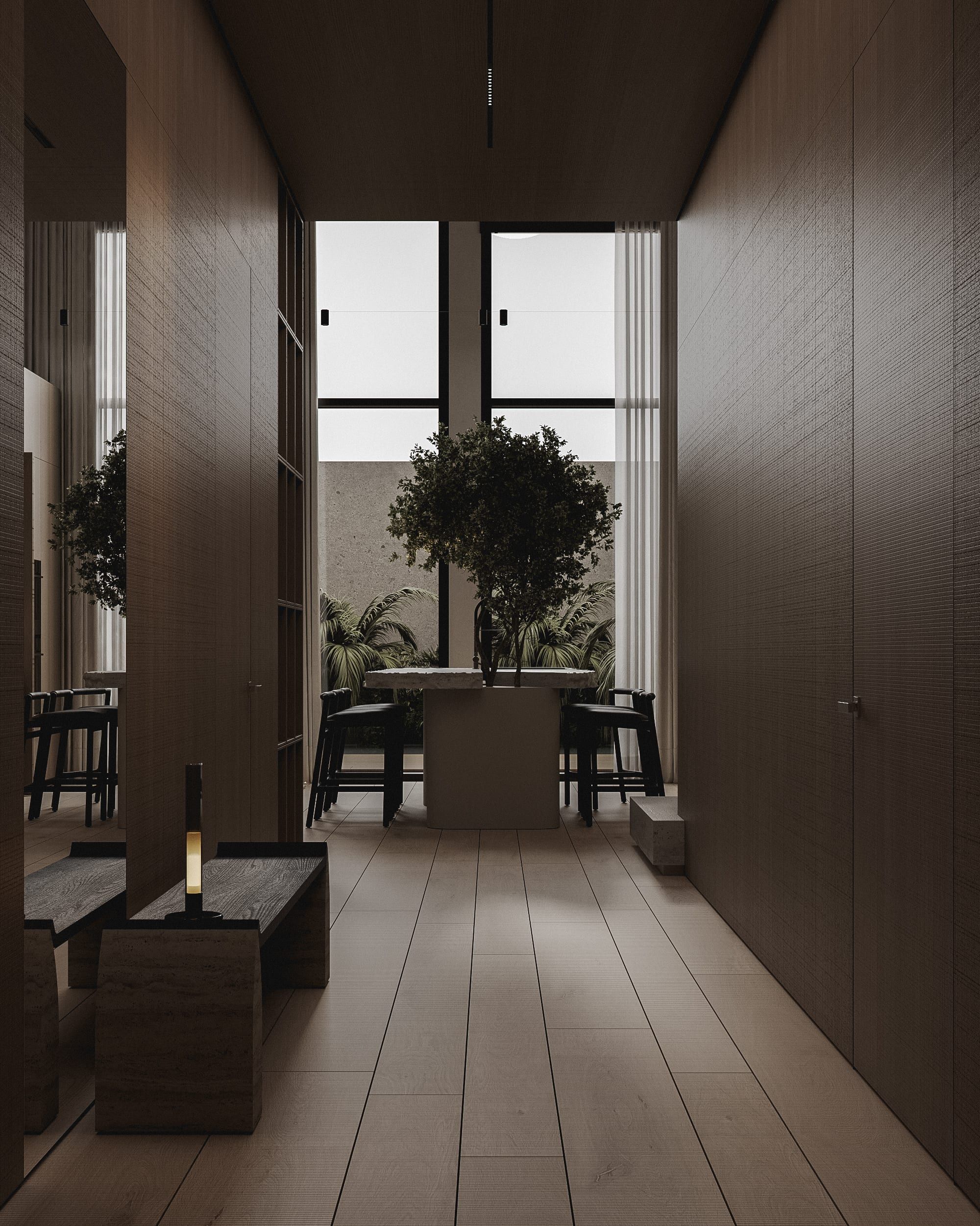 Corridor with glazed door and potted plant on windowsill