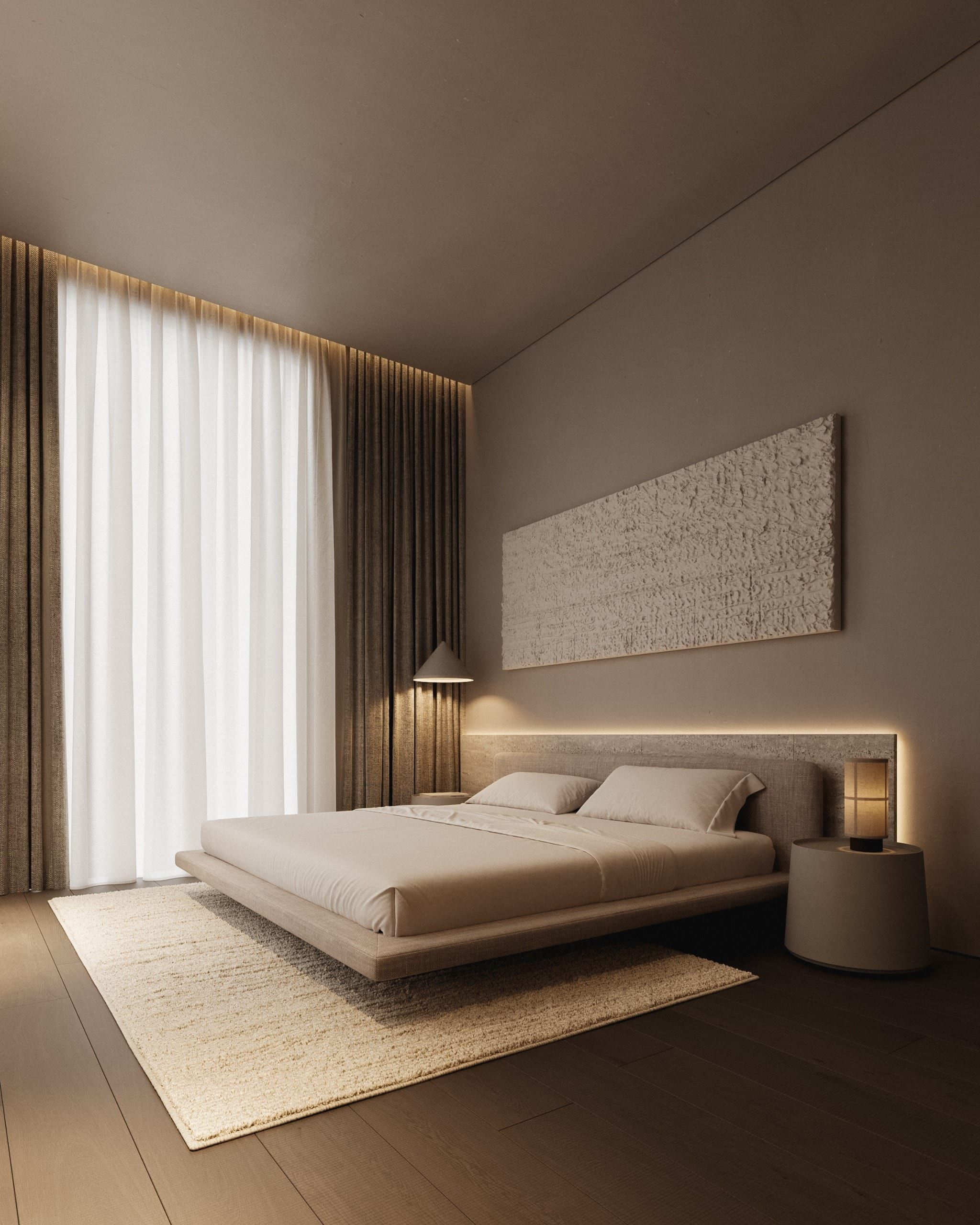 Bedroom with bed, draped curtains, integrated lighting, neutral tones