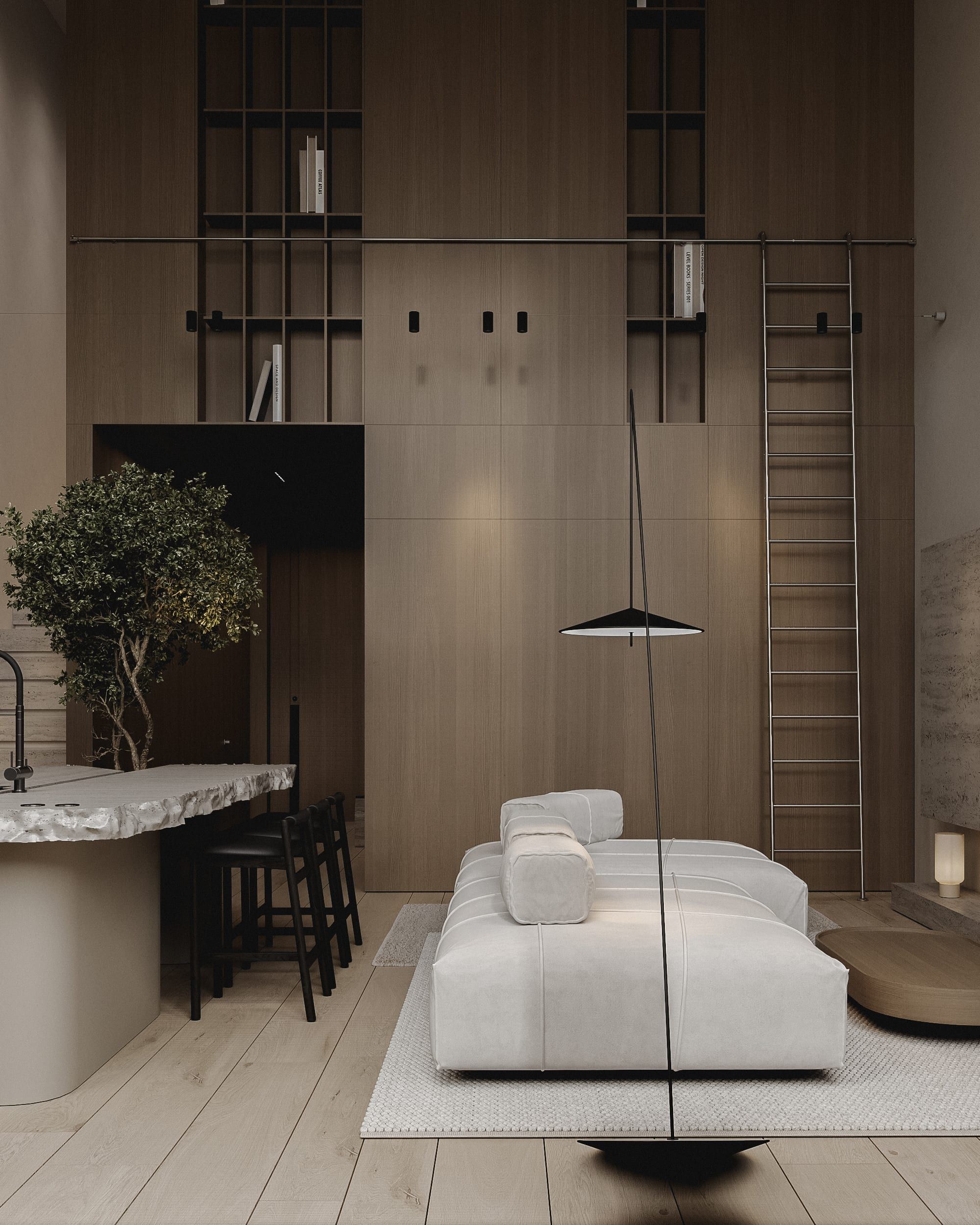 Bedroom with pendant light, open shelving and minimalist furniture