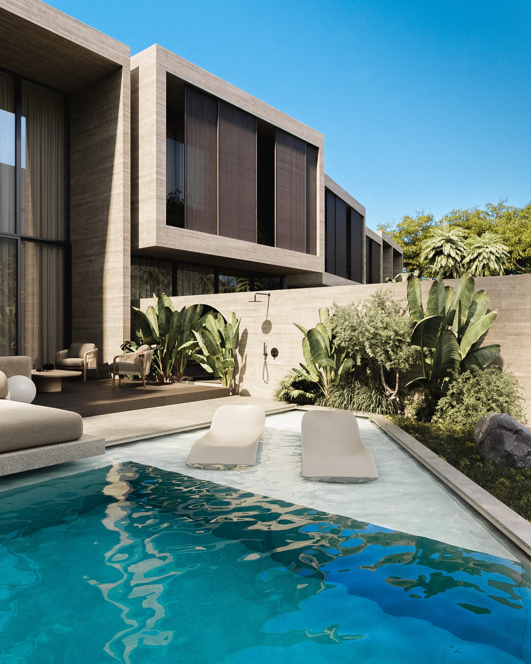 Residential structure with water, concrete and vertical planting