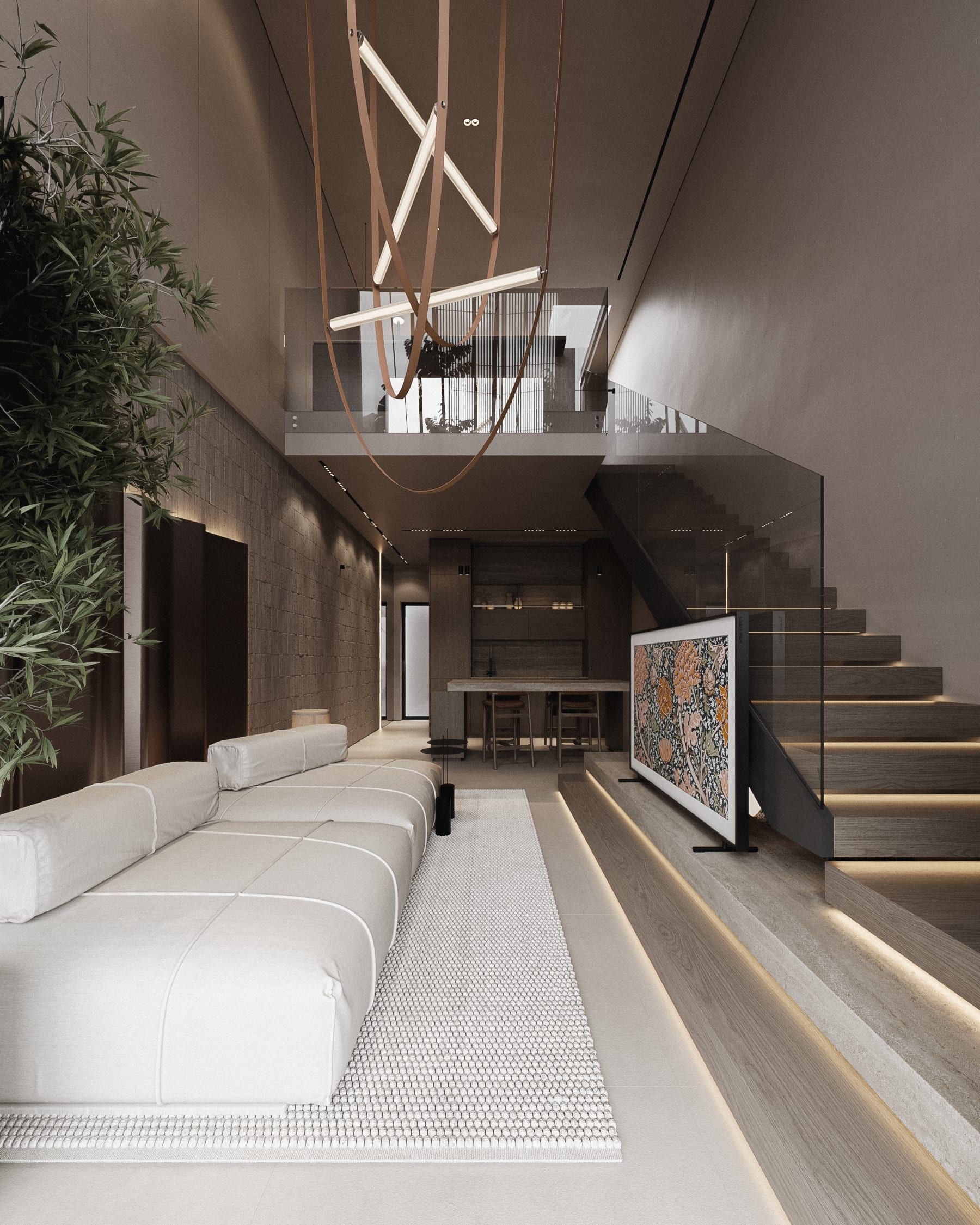 Two-level space with cream furniture, wooden panels, staircase
